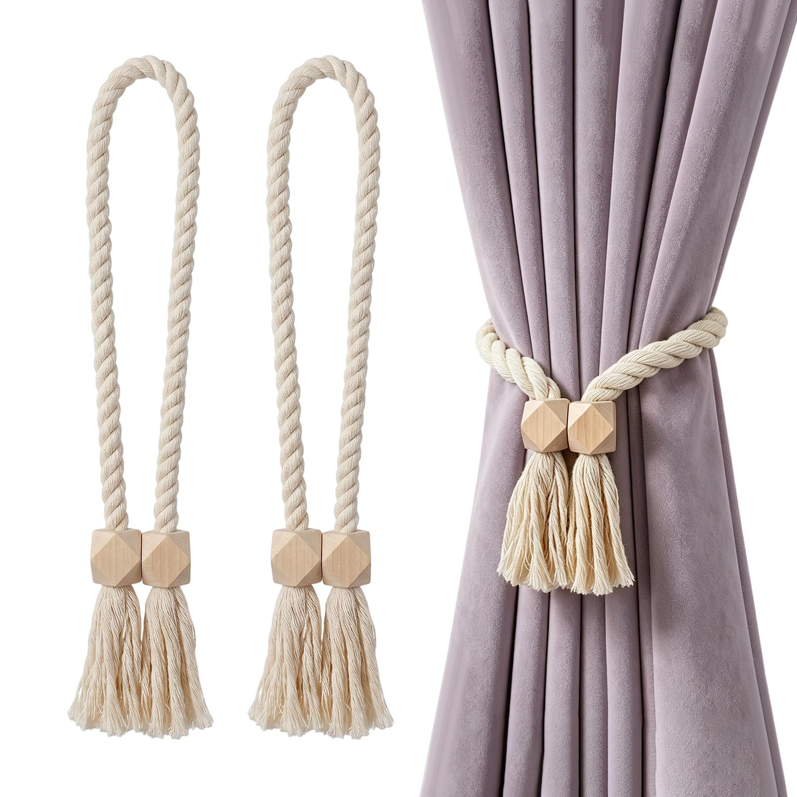 Vorhang Halter, Gardinen Raffhalter, Magnetisch 2 Stück, Beige Achteck 2,5cm Seil 60cm (2)