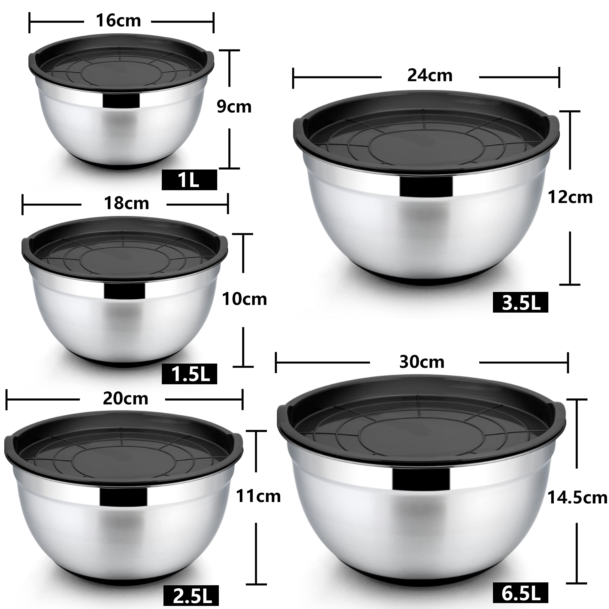 Homikit Set di 5 ciotole per insalatiera, in acciaio inox, con coperchio nero e fondo in silicone, multifunzionale, impilabili, lavabili in lavastoviglie, 6,6 l/3,5 l, 2,5 l, 1,5 l, 1 l