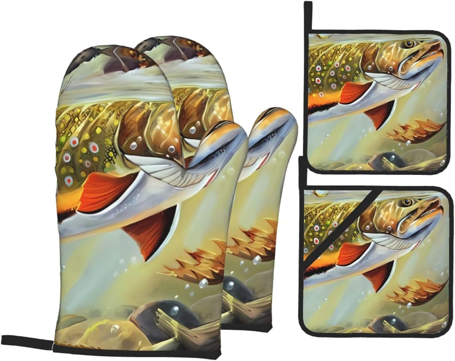 Brook Trout Fly Fishing Oven Mitts and Pot Holders Set of 4 - Heat Resistant Kitchen Gloves - Cute Oven Mitts and Hot Pads for Cooking Baking, Grilling