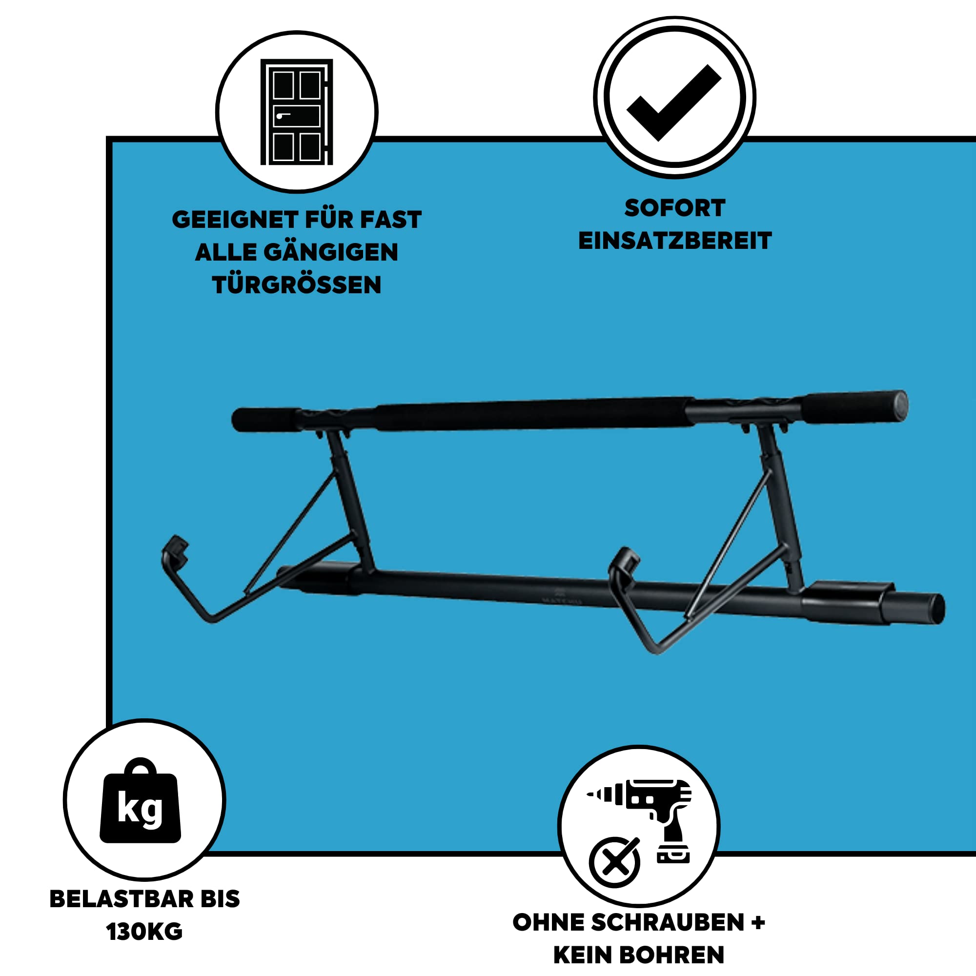 MATCHU - Pull up bar PRO - Klimmzugstange - Keine Schrauben - Rutschfest - Im Türrahmen - Aluminium - Bequemer Griff - 130kg Belastbar - Für Rücken, Bizeps, Schultern, Bauchmuskeln - Schwarz