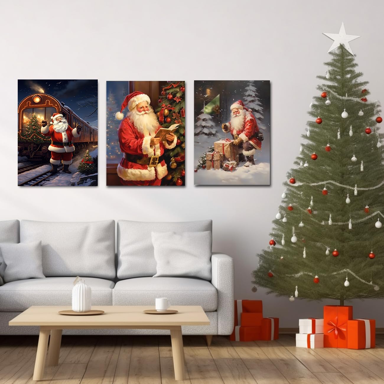CXHOSTENT Santa Claus Canvas Wall Art Christmas Decor 3 Piece Santa Portrait Paintings Prints New Year Decor Gifts Framed (Santa Claus-2 - Image 2