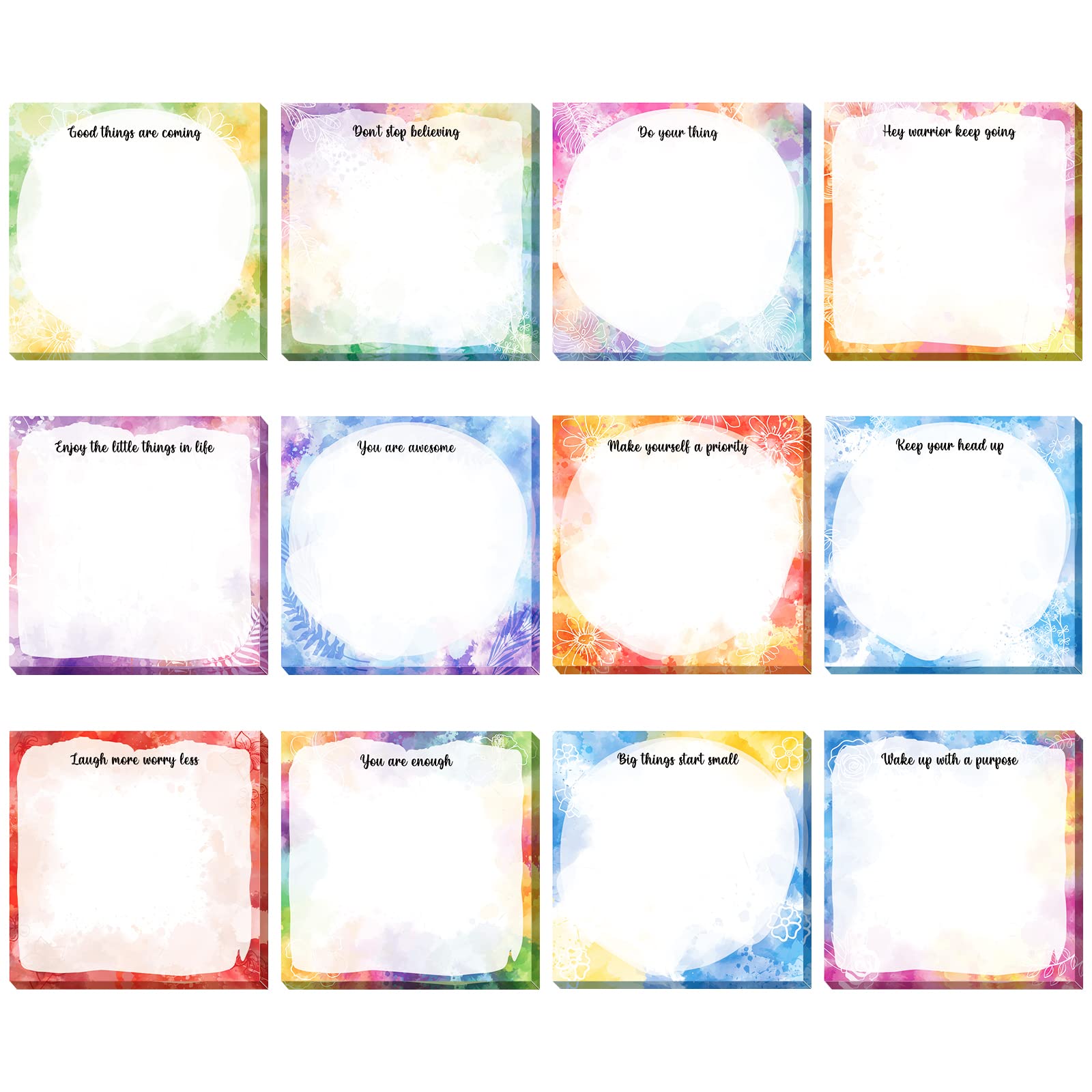 12 Pieces Inspirational Sticky Notes 3 x 3 Inch Watercolor Sticky Note Inspiring Words Motivational Note Colorful Memo Notepads Mini Pocket Notepads for Reminder Studying Office
