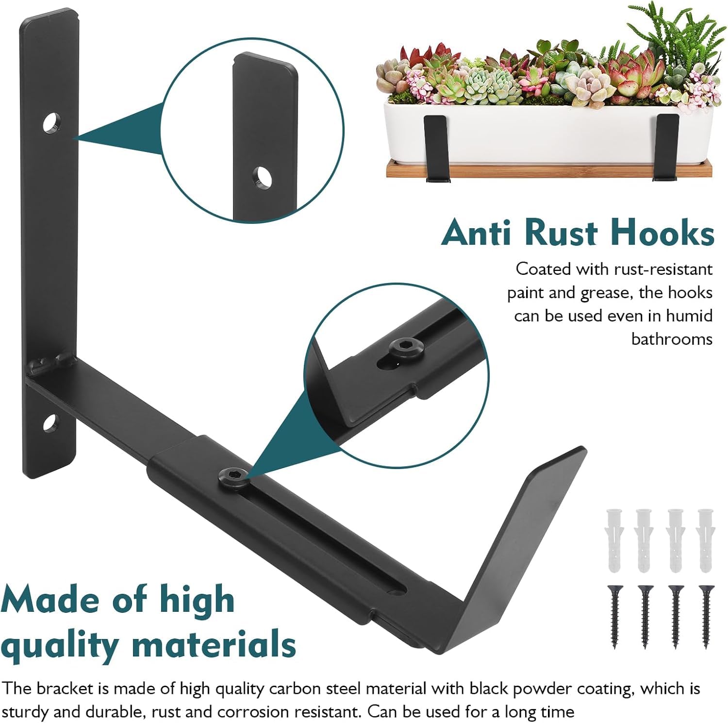 LATERN 4 Piezas Soportes para Jardineras de Ventana, 15CM - 30CM Ajustable Resistente Metal Jardinera Gancho de Montaje en Pared para Balcones Vallas Patios Jardines Pared Barandillas Repisa
