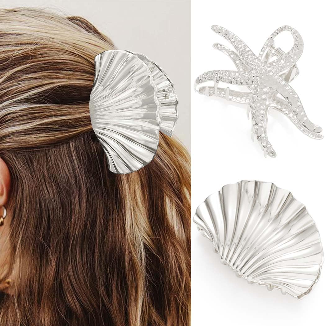 Reaky Seashell Claw Clips Gold Metal Hair Clip Starfish Hair Claw Clip Hair Accessories for Women (Silver)
