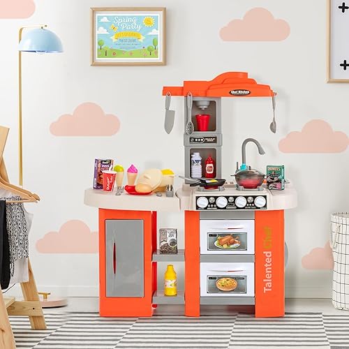 Miniatura 8 de Costzon Juego de cocina para niños, 67 piezas de juguetes de cocina con fregadero de juego, luces realistas, sonidos de simulación de vapor de