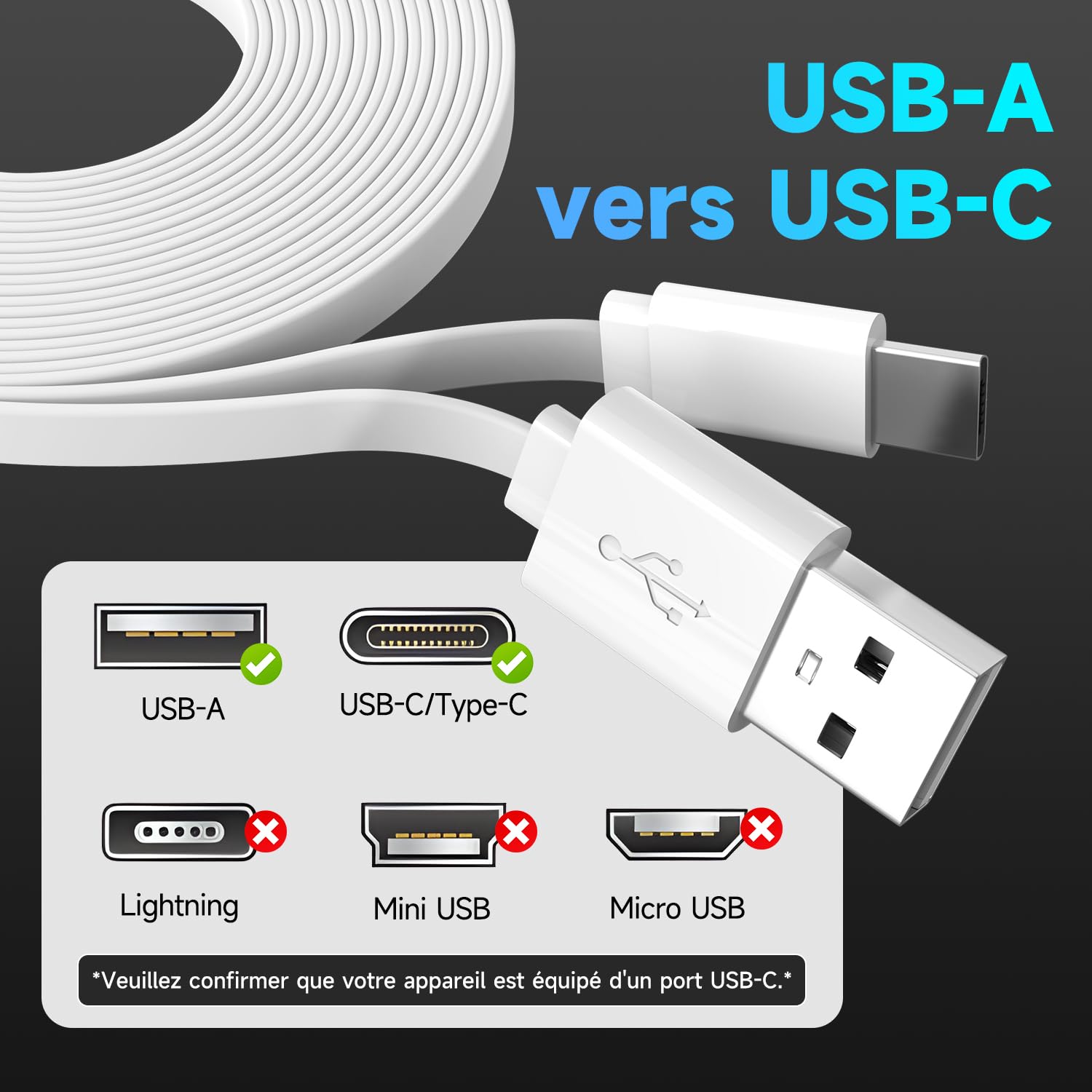Câble d'extension d'alimentation plat de 5 m pour caméras de sécurité à domicile compatibles USB-C ou autres appareils (téléphone, manette Switch Pro, etc.), rallonge USB A vers type C pour