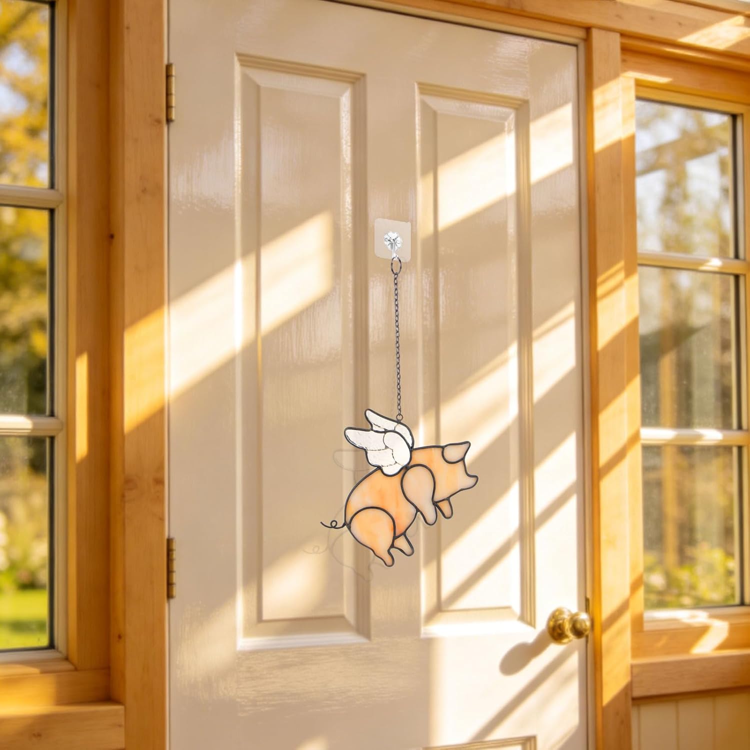 Flying Pig Suncatcher, Stained Glass Window Hanging Decor, Handmade Gift for Pig Lovers Women Mom - Funny Animal Party & Nursery Decoration