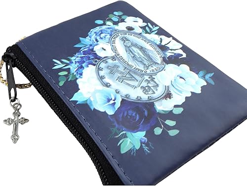 Miniatura 4 de Needzo - Bolsa de rosario milagroso floral azul para mujer, joyero con cremallera para viajes y sobre la marcha, 2.75 x 3.5 pulgadas