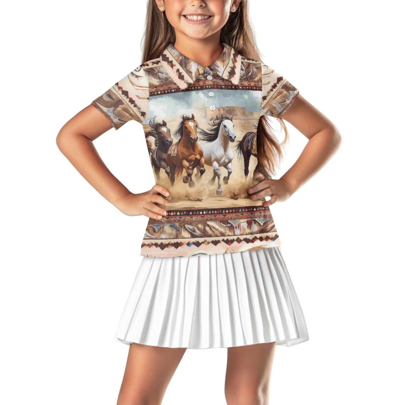 Frymappies Girls Horse Southwest Collared Golf Shirts 5T 6T Native Aztec Kids Vintage Short Sleeve Golf Outfit for Summer Sport Novelty Button Up Tennis Shirt Dry Fit Breathable Athletic Tops