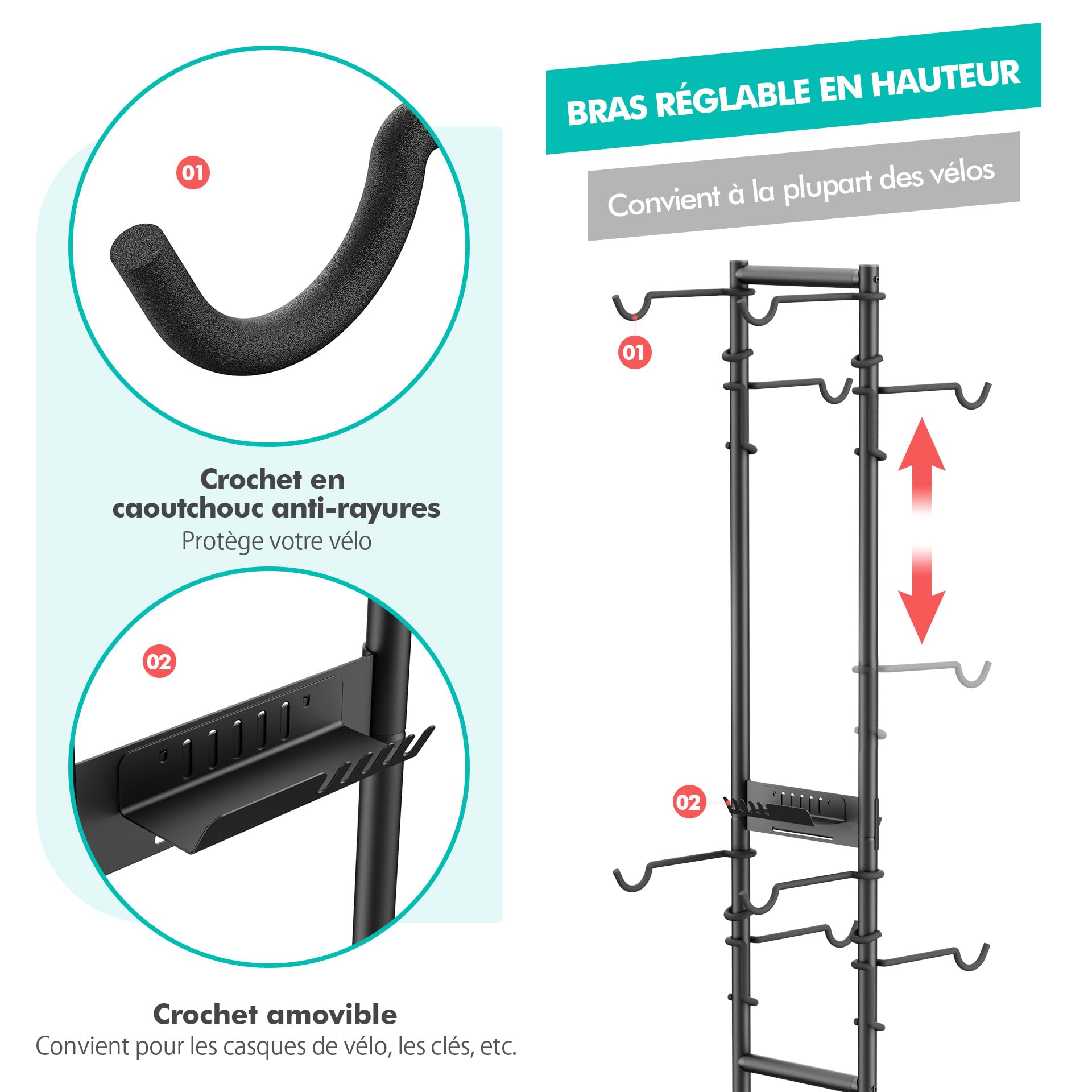 Mimoke Porte-vélos pour 4 vélos – Autonome et sans perçage, hauteur réglable pour différentes tailles de roues – Porte-vélos vertical robuste pour garage, cave et maison avec crochets pour accessoires