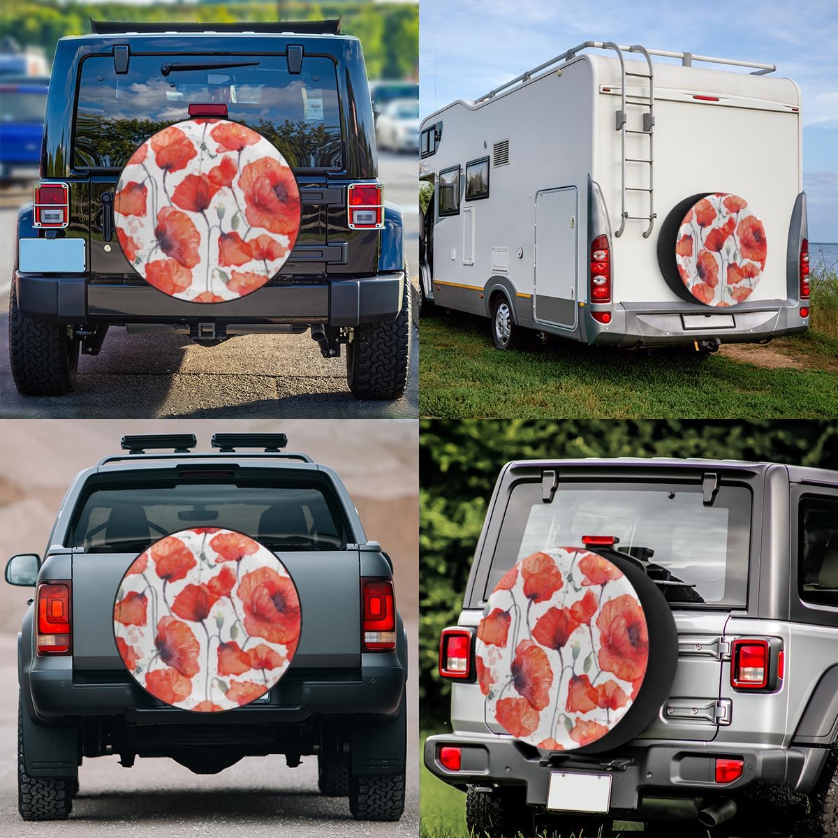 Wild Red Poppies Tire Covers Portable Spare Tire Cover Soft Durable Waterproof Dustproof Set of 4 Bags 14 Inches for Car Truck SUV Trailer Camper