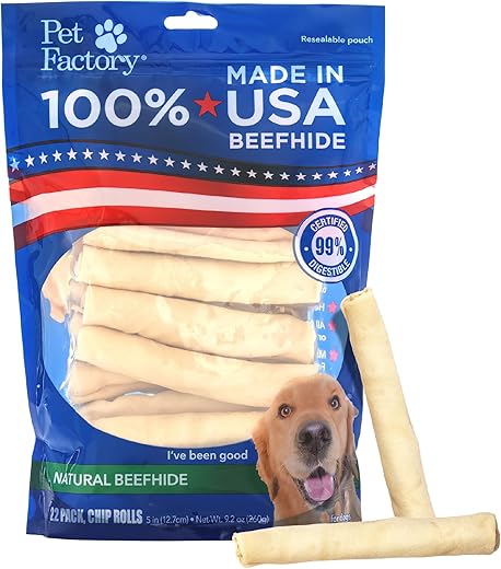 Pet Factory 100% Made in USA Beefhide 5″ Chip Rolls Dog Chew Treats – Natural Flavor, 22 Count/1 Pack