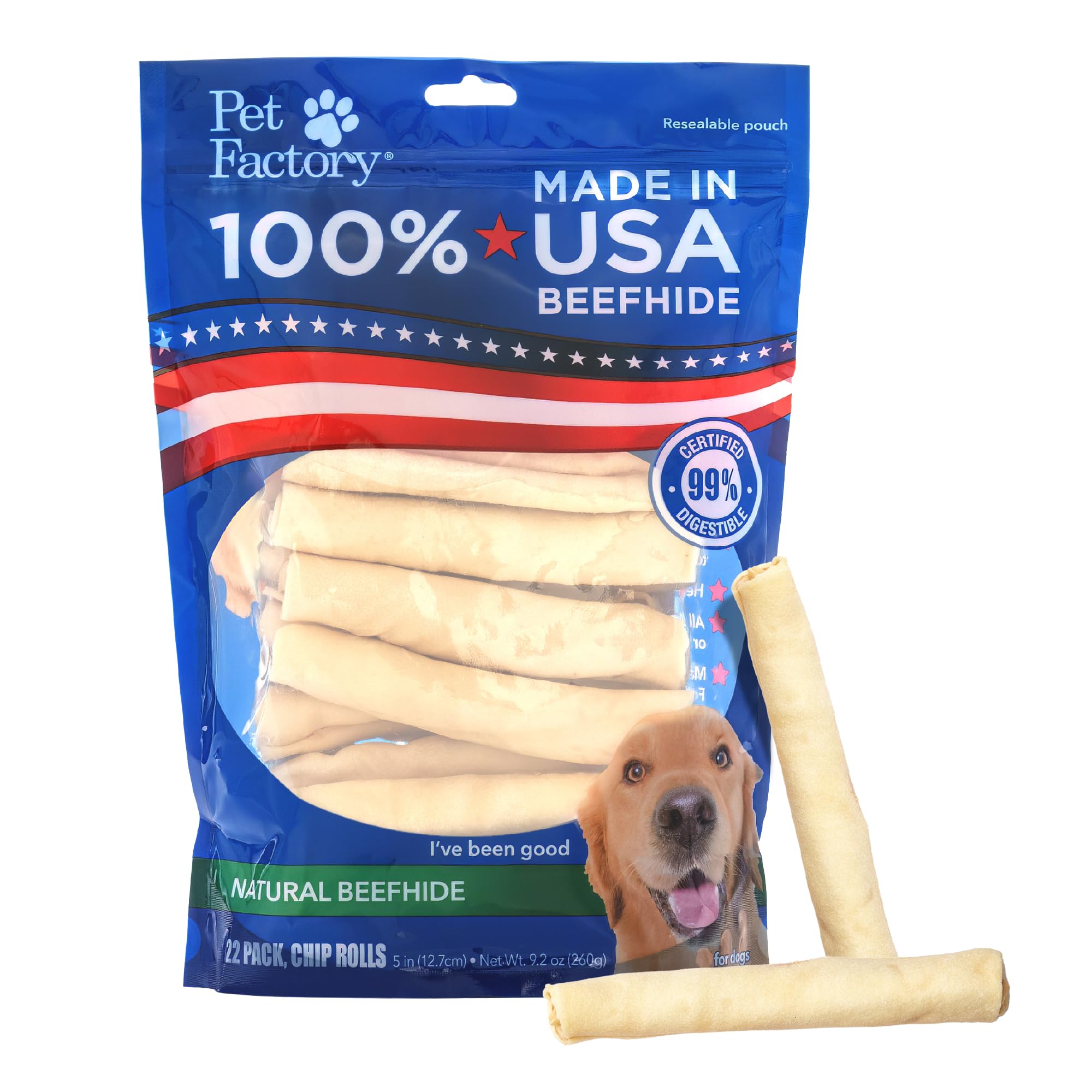 Pet Factory 100% Made in USA Beefhide Chip Rolls Dog Rawhide Chews, Thick, Dog Chews Long Lasting from American Cattle, Dog Chew Bones, 5 Inches (Pack of 22)