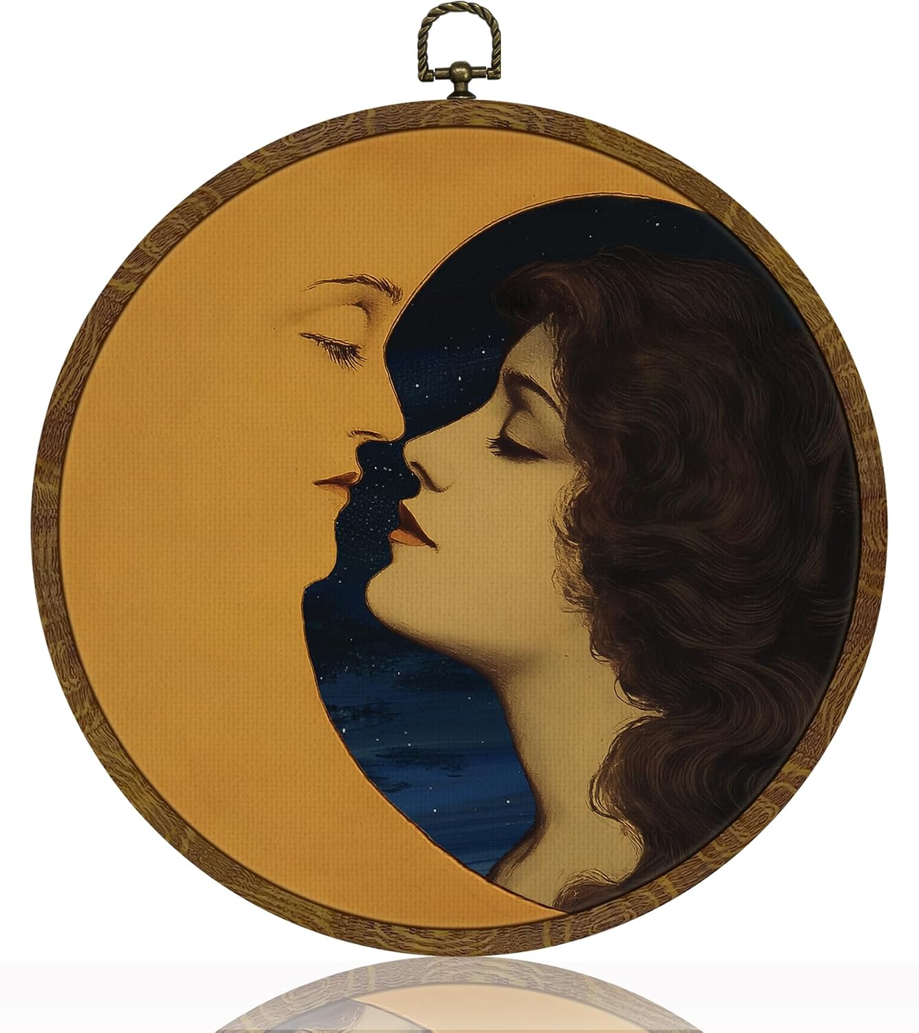 Vintage Celestial Round Wall Art,Romantic Moon Girl Canvas Prints Circular Artwork,Surreal Moon and Lady Hanging Decor for Bedroom Gallery or Dreamy Space, Unique Gift for Women 10x10Inch (Blue)