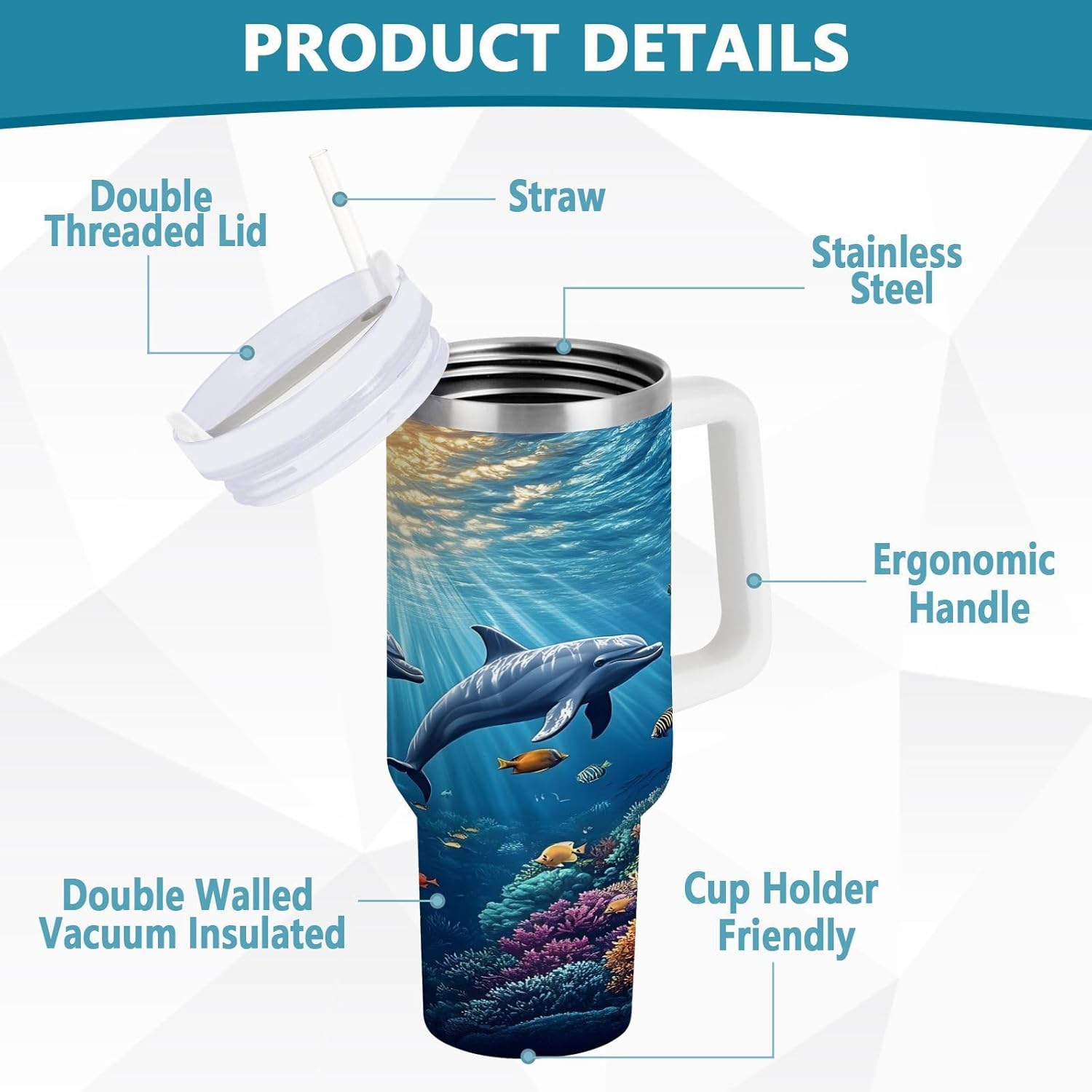 Coral Reef Dolphin Fish Ocean Insulated Tumblers with Straw Lid and Handle Stainless Steel Tumbler Water Bottle 40oz Vacuum Cup Coffee Travel for Car Home Office