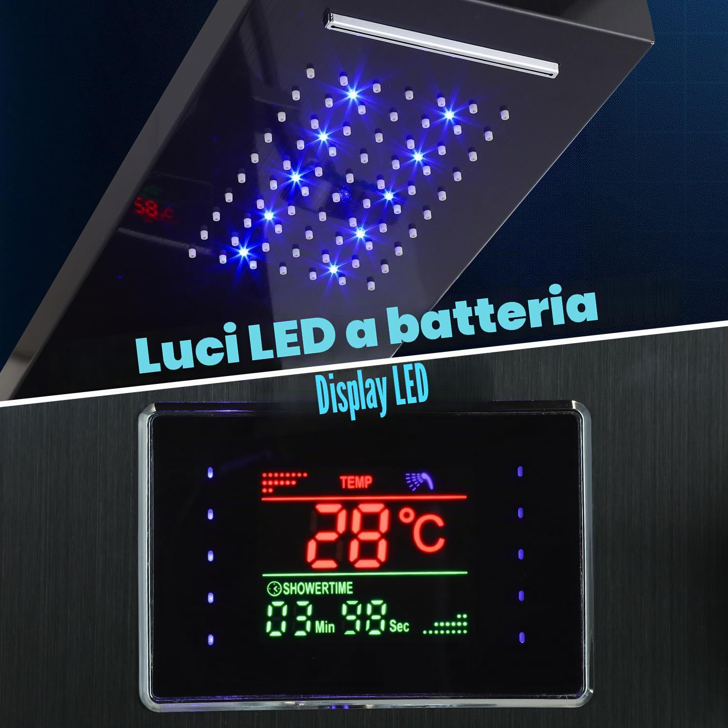 Pannello doccia con rubinetto, 6 funzioni, pannello doccia in acciaio inox con indicatore di temperatura a LED, pioggia e cascata, doccetta a mano, ugelli massaggianti e colonna doccia