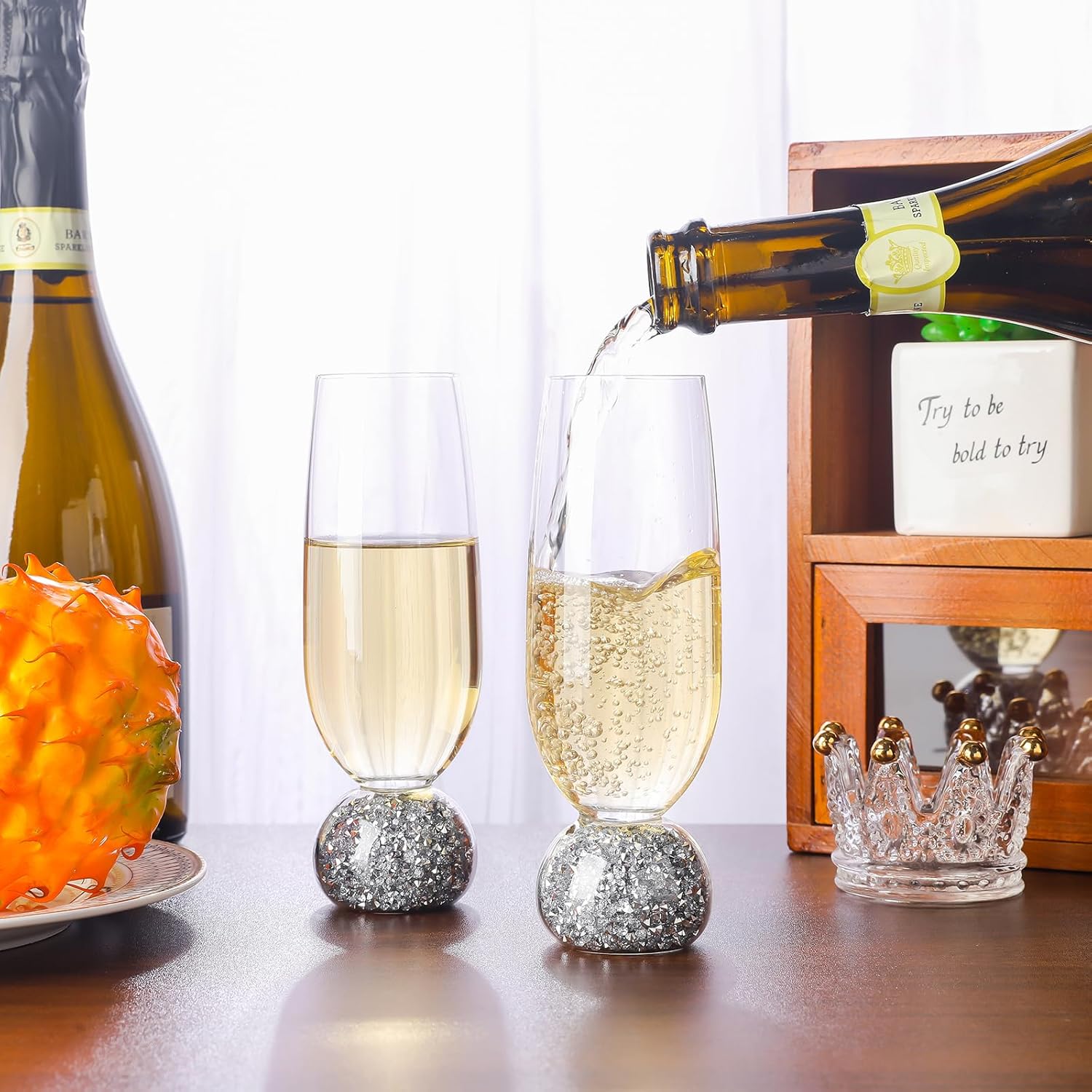 Silver Champagne Flutes Set of 2, 7oz Lead-Free Champagne Glasses with Diamond Base, Reusable Crystal Cocktail Glasses, Mimosa Glasses, Gift for Birthday, Wedding, Party
