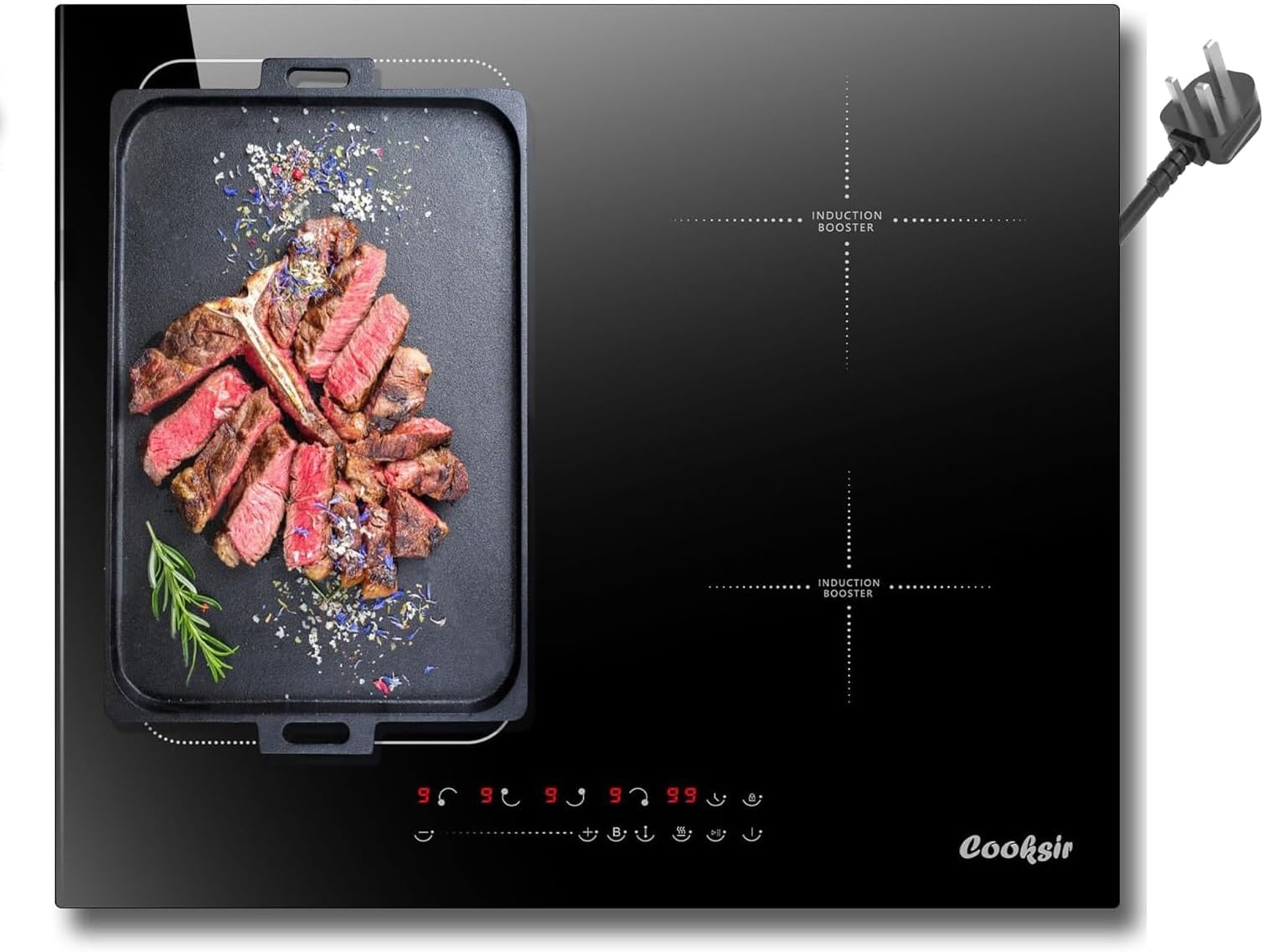 Induction Hob 60CM Cooksir, Plug in Induction Hob 4 Zone with Flexible Zone, 220V Hob Induction 4 Burner 2800W, Electric Hob with 9 Power Level, 99 Mins Timer, Boost, Safety Lock, Keep Warm