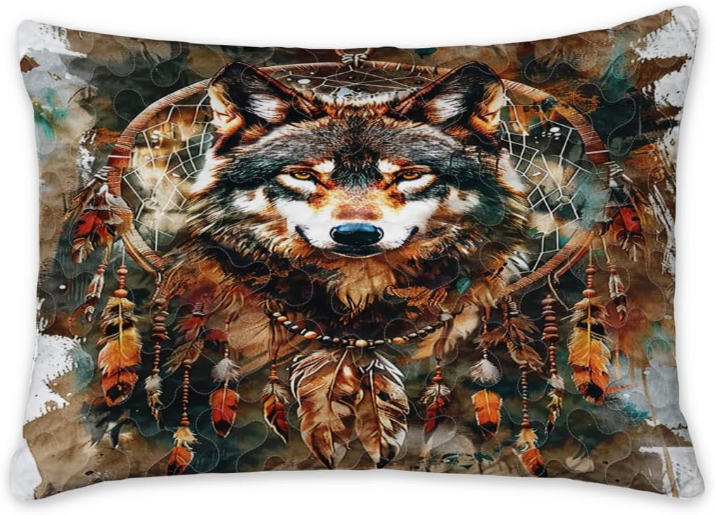 Custom Wolf Quilt - Queen Size Dreamcatcher - Native Pattern - Feather Material - Indian Style - Twin Bedspread - Gift For Wolf Lovers