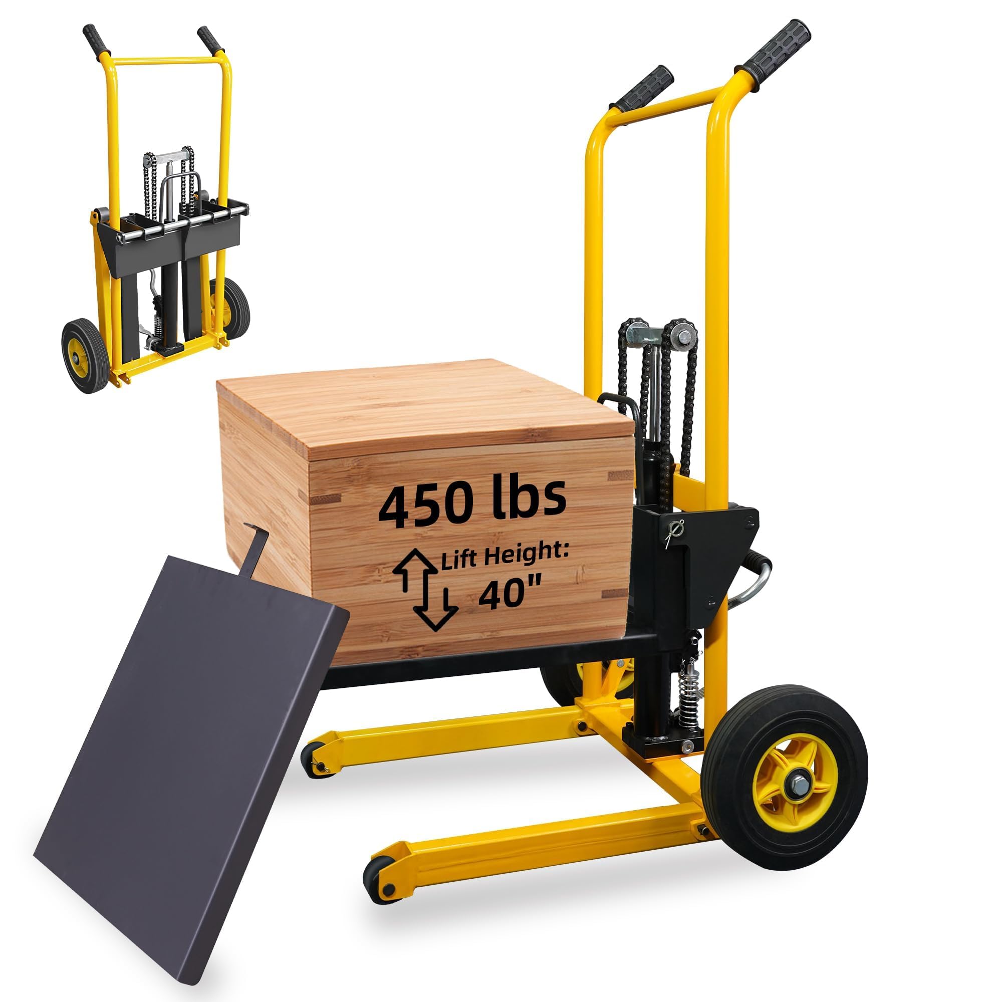 Material Lift Winch Stacker, Foldable Hydraulic Manual Pallet Lift Dolly, 450 Lbs Truck Dolly 40" Max Lift with Polyurethane Wheels