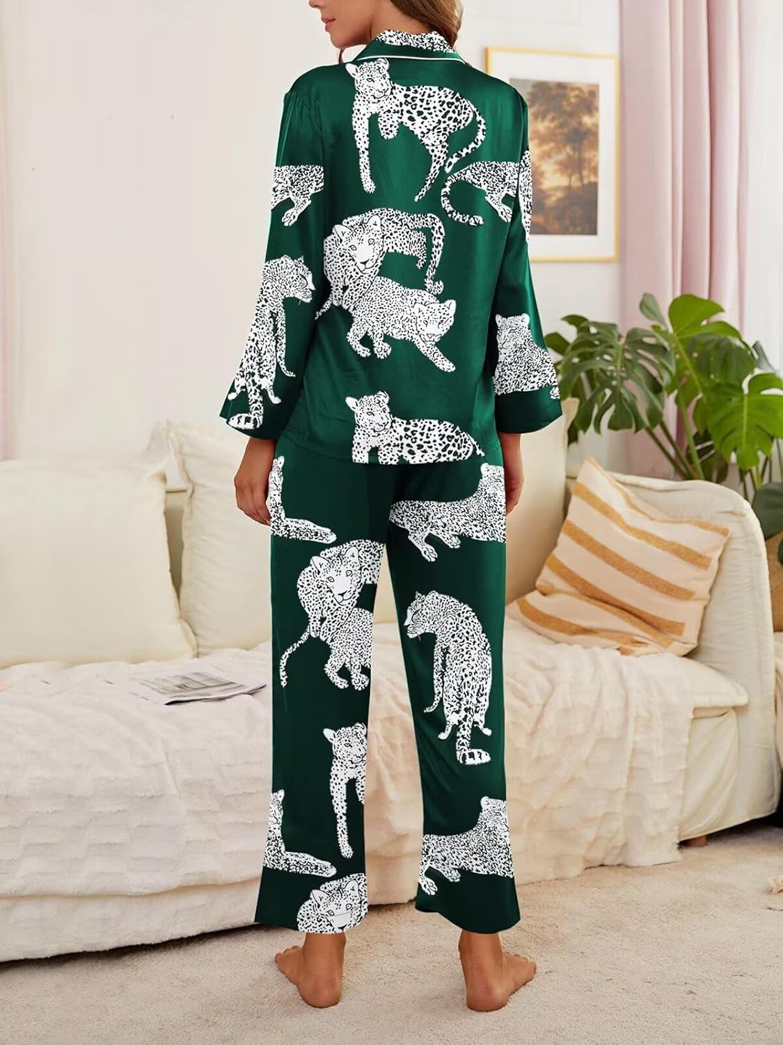 Brosloth Womens Silk Pajamas Long Sleeve Button Down Animal Print Cute Pjs Set Satin Pajama Set - Image 4
