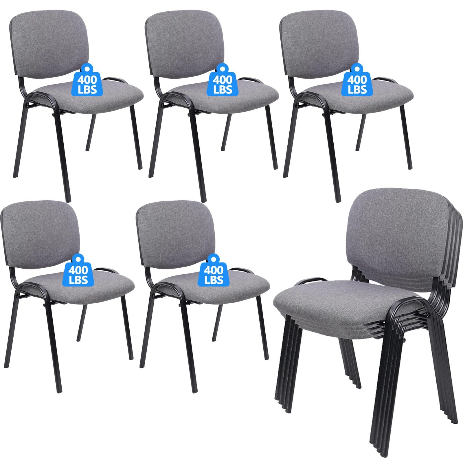 CLATINA Stackable Waiting Room Chairs, Cloth Fabric Guest Reception Chair with Upholstered Thickene Seat and Back Support, Stacking Chair Metal Leg for Office School Church Conference, Gery, 10 Pack