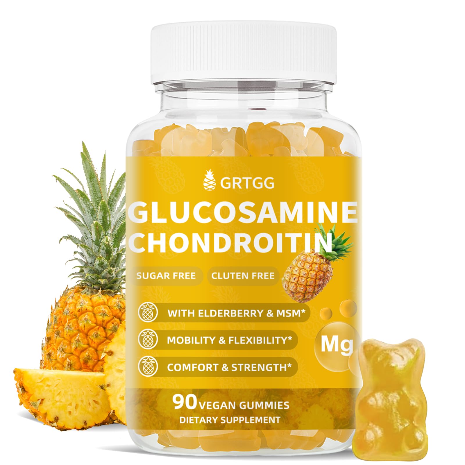 Glucosamine Chondroitin Gummies with MSM & Elderberry Extra Strength 3000MG - Joint Support, Antioxidant Immune Support Supplement for Adults, Men & Women - 90 Pineapple Gummies