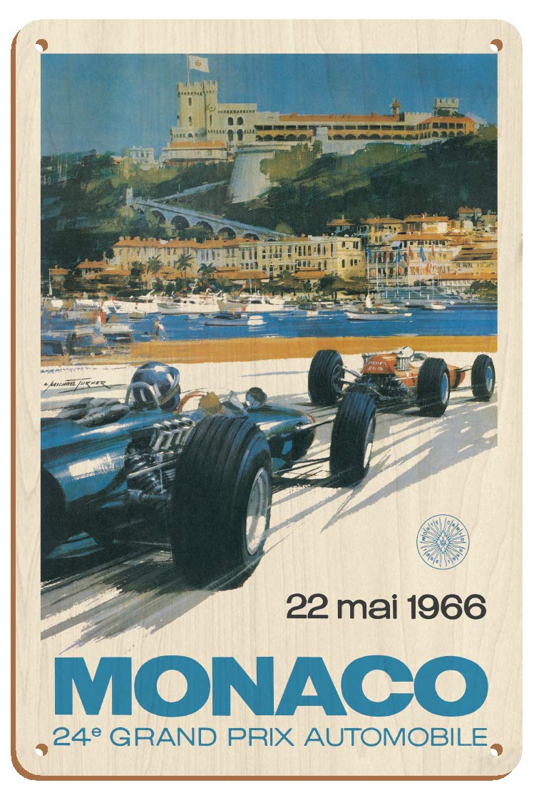 Pacifica Island Art24th Monaco Grand Prix 1966 - Circuit de Monaco - Vintage Car Racing Poster by Michael Turner - 8 x 12 inch Vintage Wood Art Sign