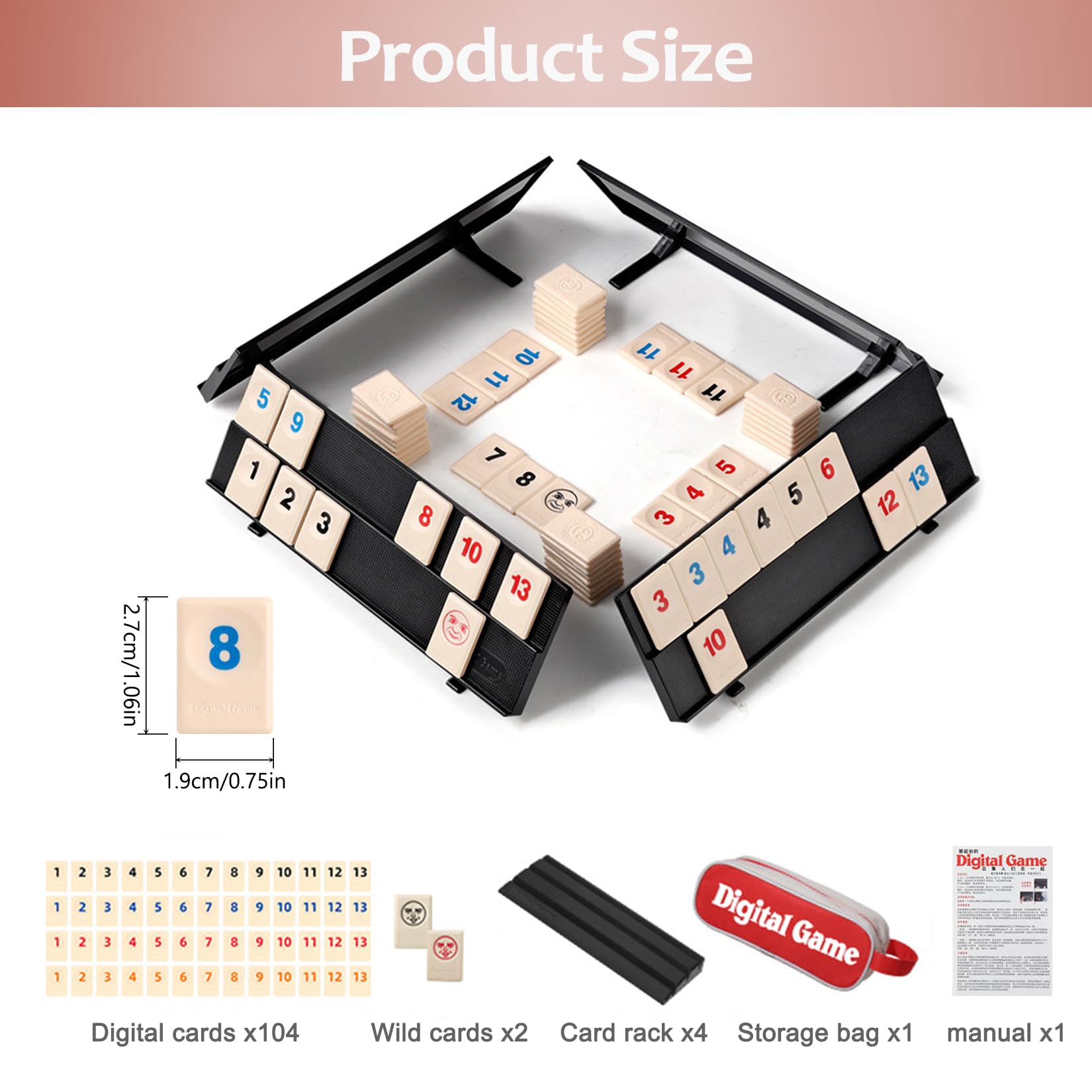 106 Piezas Minni con 4 Estantes Juego Rummy Clásico con Estuche Portátil Set de Viaje para la Familia Juegos De Mesa Clásicos para Viajar y para Llevar