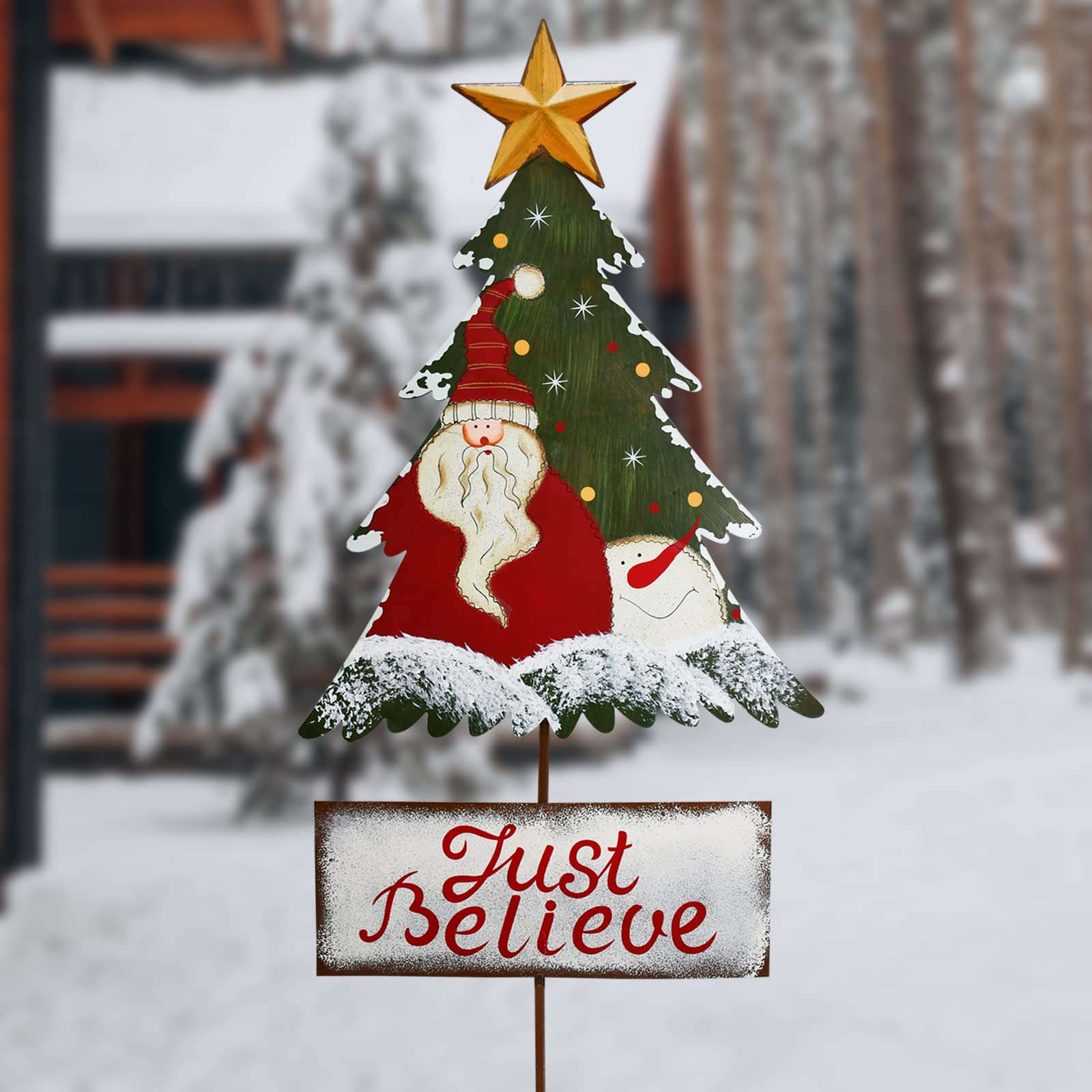 Metal Christmas Tree Garden Stake Decorative Yard Merry Xmas Holiday Sign Snowman Santa Decoration Outdoor Rustic Winter Lawn Stake (Just Believe)