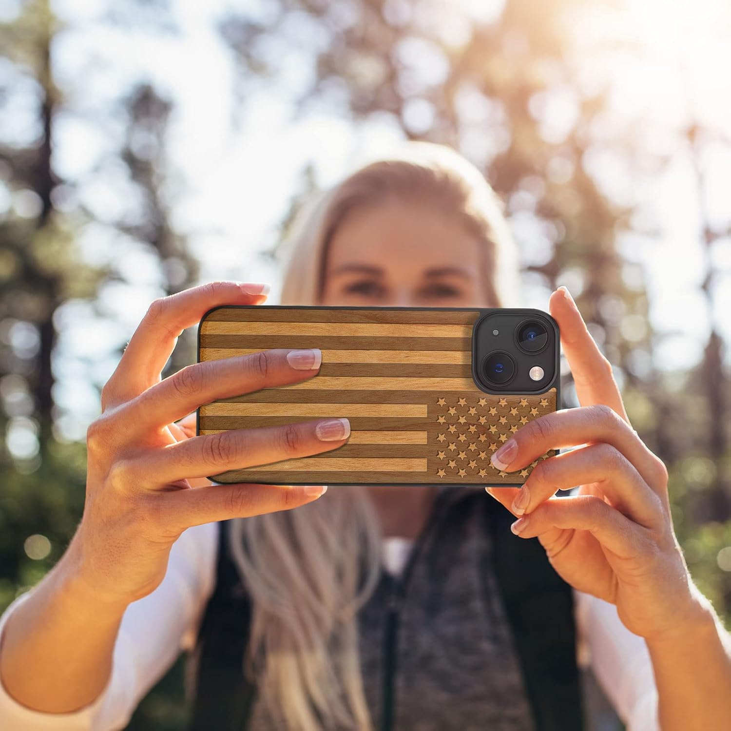 Carveit Magnetic Wood Case for iPhone 13 Case [Hard Real Wood & Soft TPU] Unique & Classy Wooden Shockproof Hybrid Protective Cover Compatible with MagSafe (American Flag-Cherry)