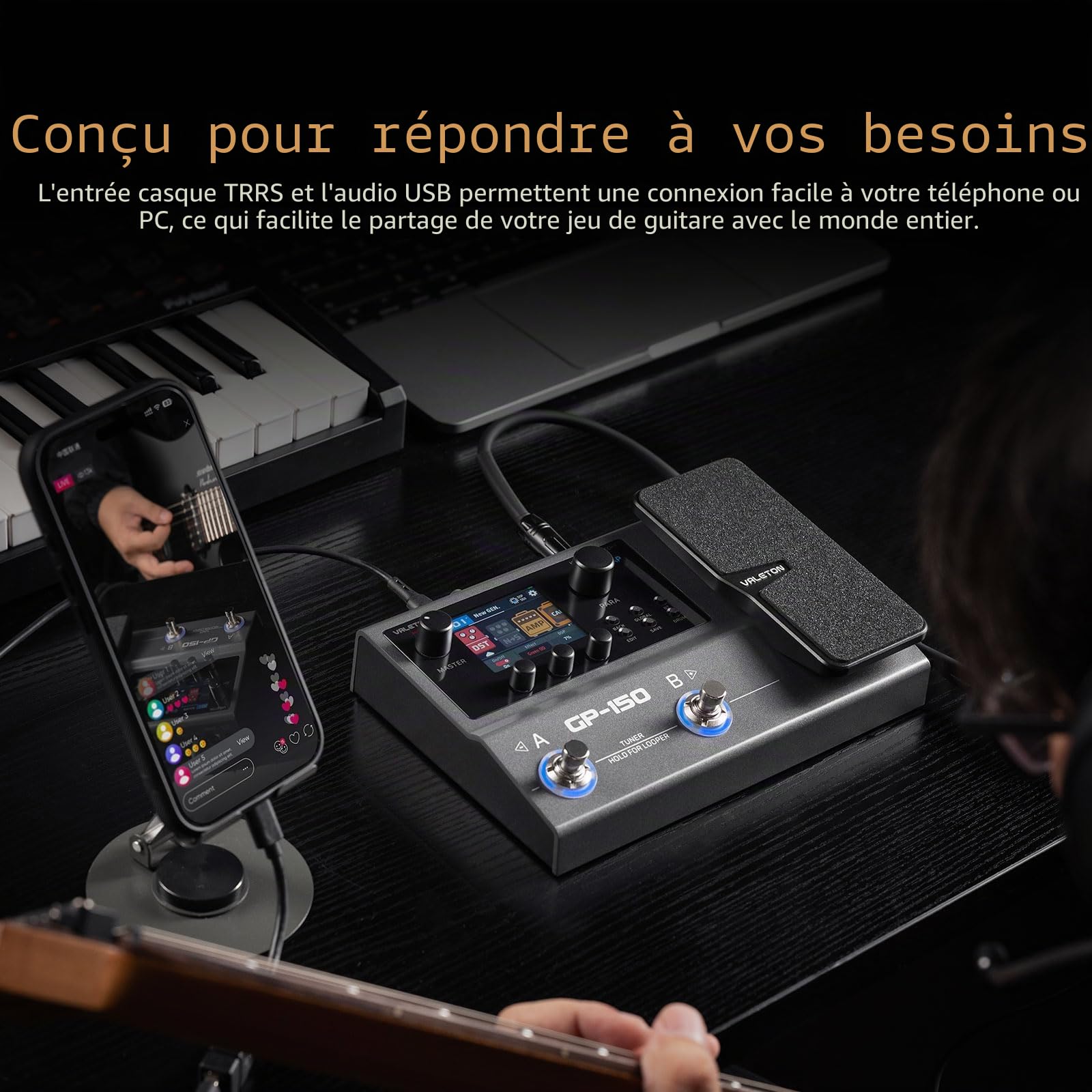 VALETON Processeur Multi-Effets avec 200+ Effets HD, Chargement IR/NAM, Looper 180s, Drums et BT GP-150