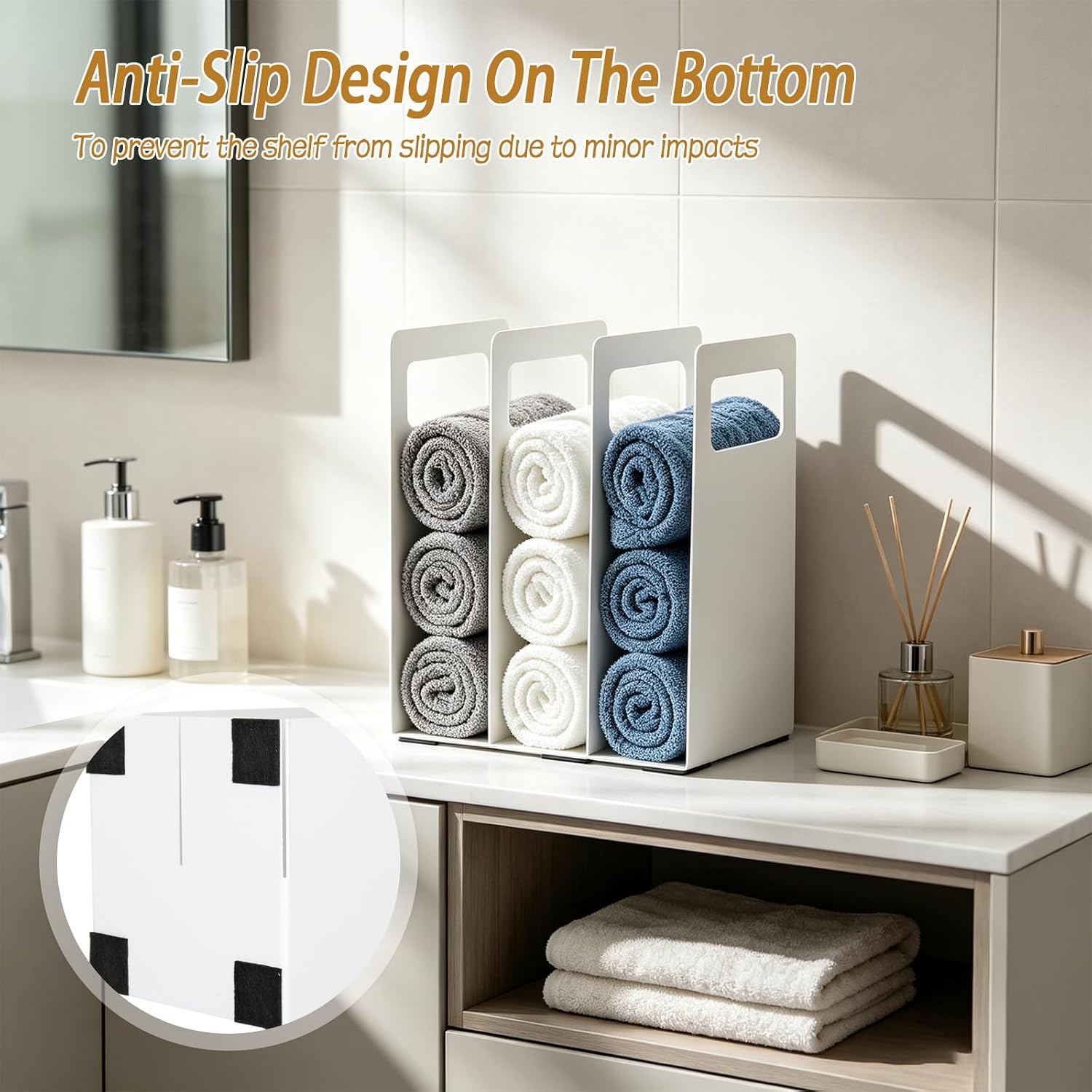 Interlocking Towel Organizer 4-Pack, Metal Bathroom Storage Shelf Rack with Adjustable Width & Pads, Freestanding Countertop Towel Holder for Cabinet, Closet, Hotel