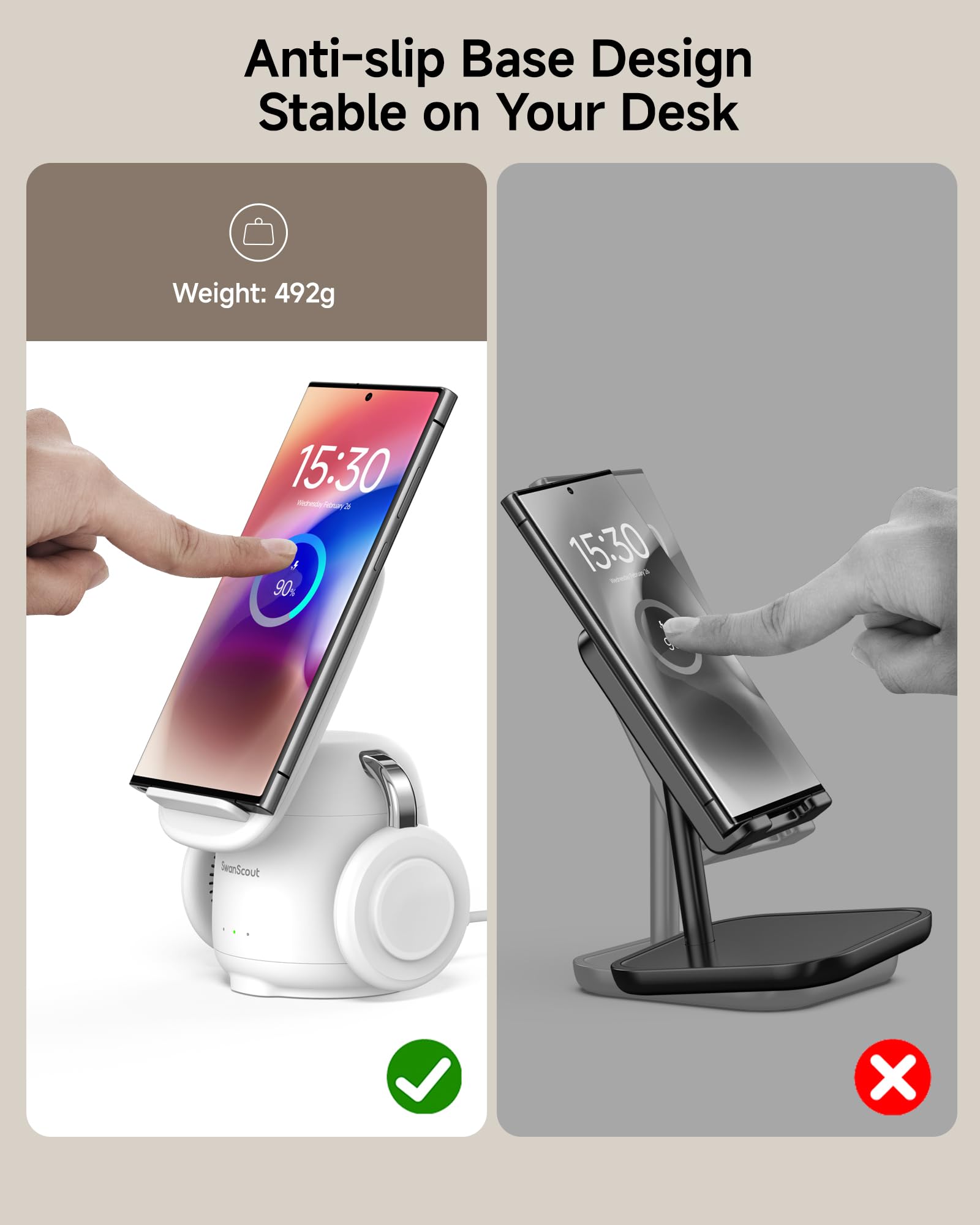 SwanScout Bezprzewodowa Ładowarka do Samsung, Indukcyjna Stacja Ładująca 3 w 1 do Galaxy S25 Ultra/S24/S23/Z Fold 7/Z Flip7, Wireless Charger fo Galaxy Watch 7/Ultra/6/5/4/Buds (Biały)