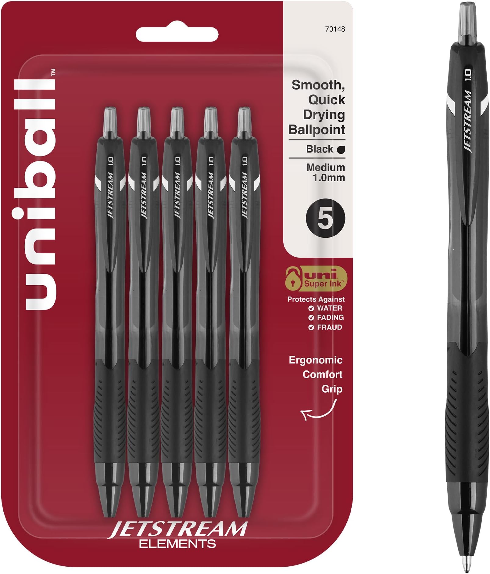 Jetstream Elements Retractable Ballpoint Pen 5 Pack in Black with 1.0mm Medium Point Pen Tips, Uni-Super Ink is Smooth, Vibrant, and Protects Against Water, Fading, and Fraud