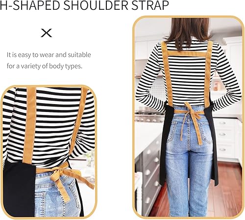 Miniatura 4 de Delantal para mujer con correas y bolsillos ajustables, delantal de lona de algodón para cocina y cocinero, peluquero con babero, color negro,