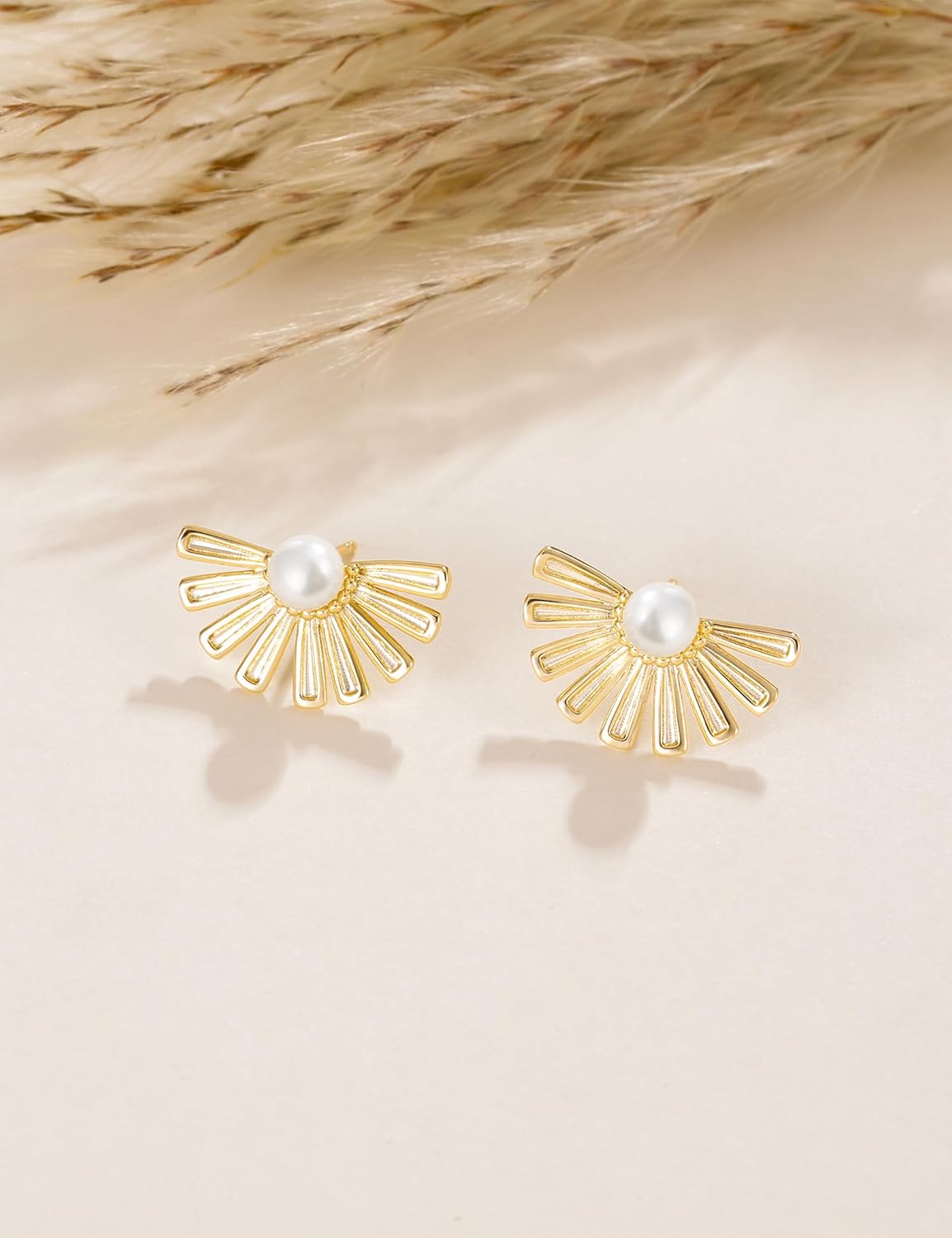 Mameloly Flower Earrings for Women Dainty 14K Gold Plated White Freshwater Pearl Stud Earrings Hypoallergenic - Image 2