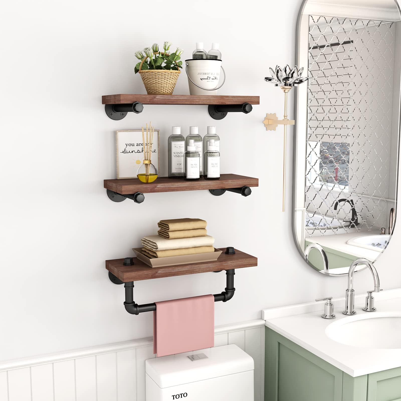 BOSURU Industrial Bathroom Shelves Pipe Wall Shelf with Rustic Wood Shelving for Towel Shelf Storage Wall Mounted Floating Shelves Home Kitchen(3-Tiers)