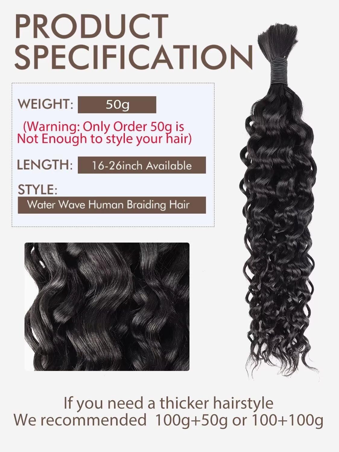12A Human Braiding Hair for Boho Braids 50g 24 Inch 1 Bundle Water Wave Braiding Hair for Bohemian Knotless Braids 100% Unprocessed Brazilian Virgin Bulk Hair Extensions No Weft Natural Color