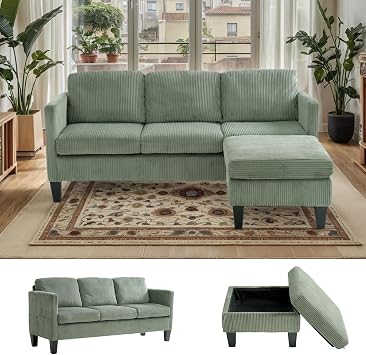 67 L-Shaped Velvet Modular Sectional Couch Sofa with Ottoman, 3-Seat Convertible Cloud Deep Seat Sofa Couches for Living Room Bedroom Apartment, Cozy Chaise Lounge Sofas Olive Green