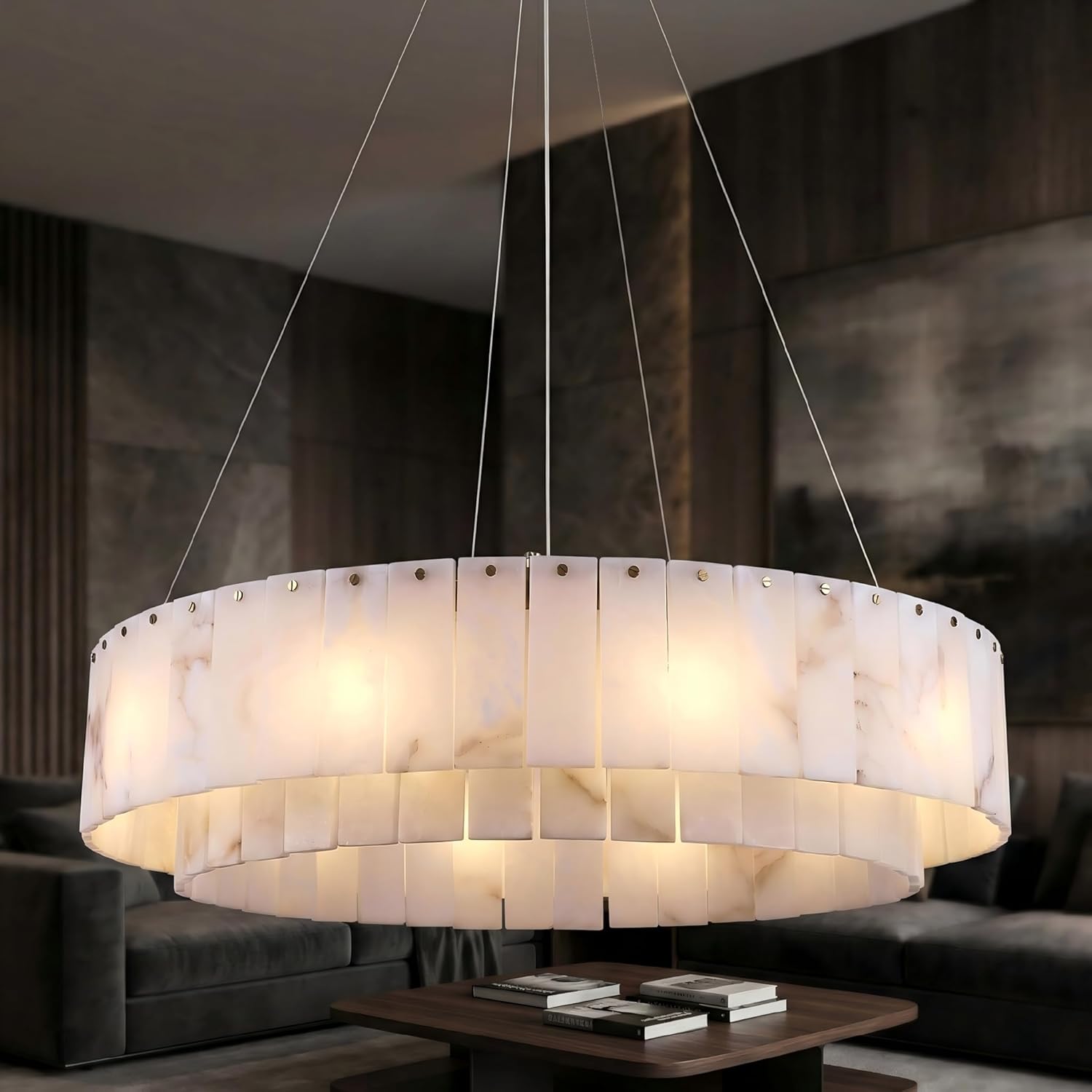 Alabaster Chandelier D31in 2-Tier, Spanish Natural Marble Round Pendant Light, Large Modern Stone Hanging Fixture for High Ceiling Living Room Dining Room Foyer Entryway, Dimmable Gold Chandeliers