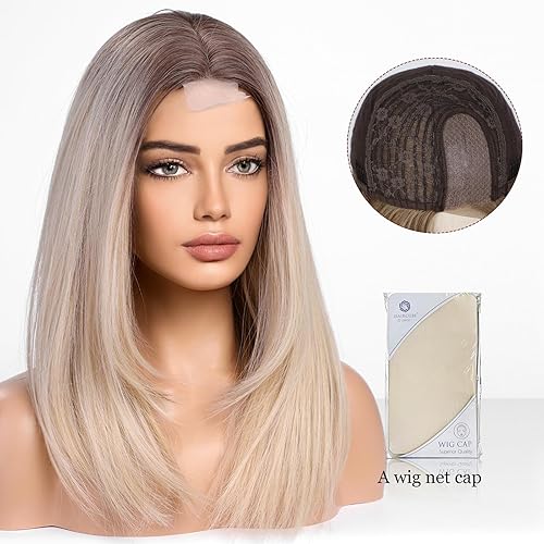 Miniatura 4 de Alanhair Pelucas rectas de encaje frontal en capas de color rubio degradado oscuro para mujer, peluca natural resistente al calor, para uso diario y