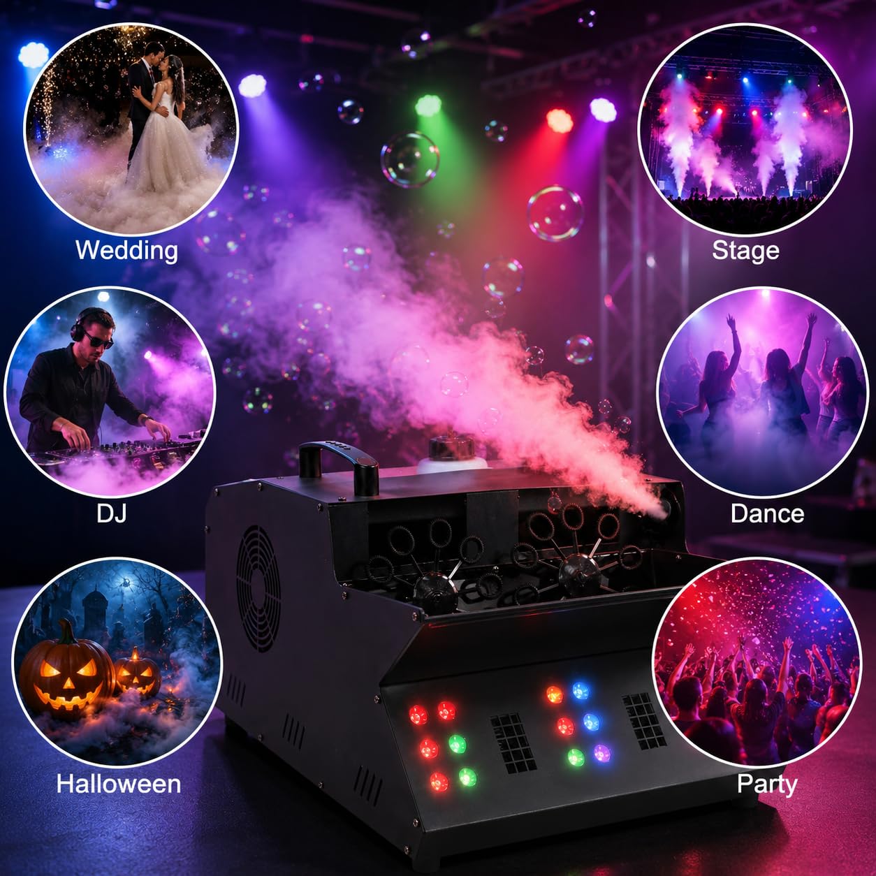 Nebelrauchmaschine mit RGB-LED-Lichtern, Bubble Fans für Bühneneffekte, Partys, Hochzeiten, Halloween - Bühnennebel mit 18 LED-Lichtern und 2 Seifenblasenventilatoren