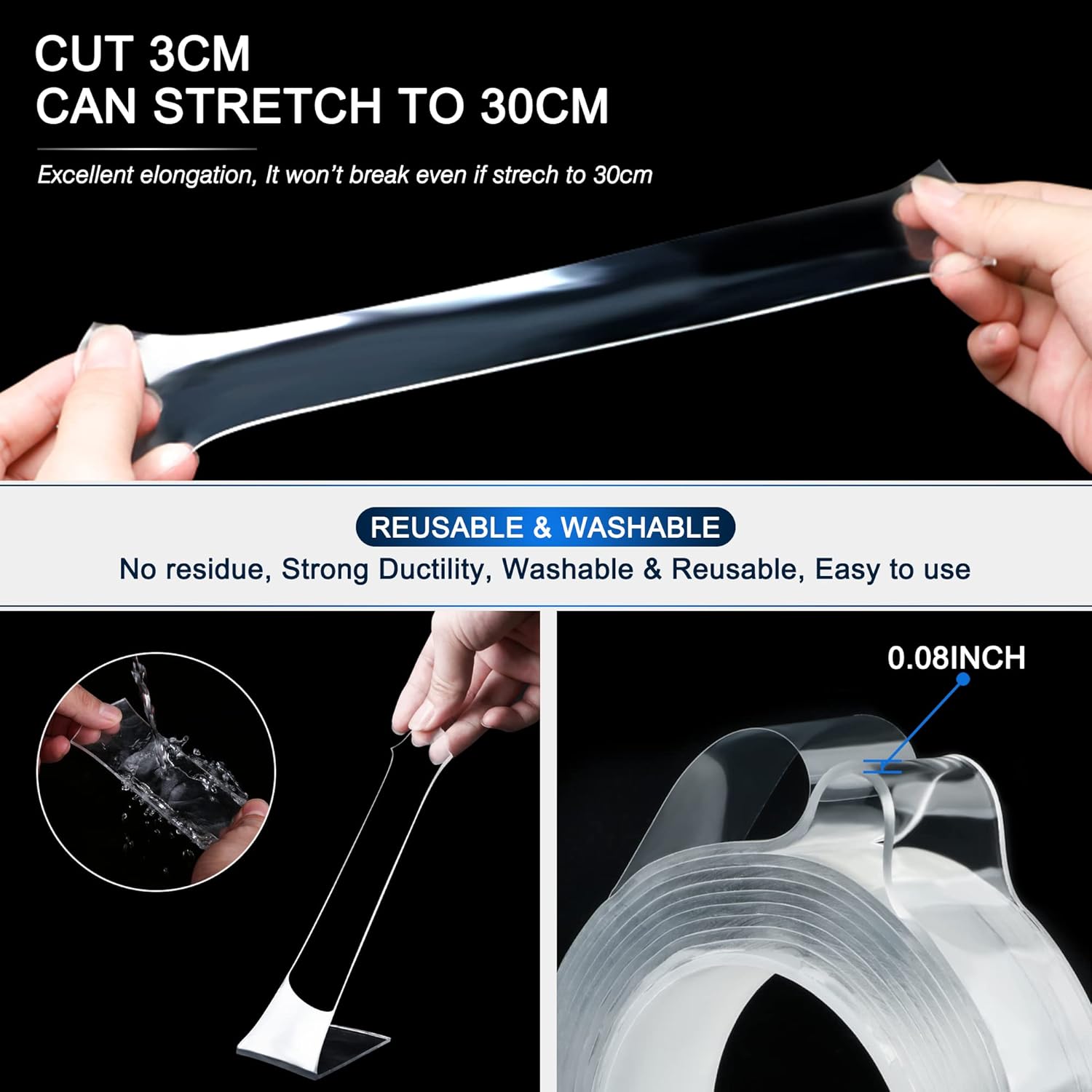 SANKEMU Double-Sided Tape Heavy Duty 16.5 FT x 1.18 in – Clear Removable Mounting Tape for Walls, Carpet, Rugs, Posters – Reusable, No-Residue, Indoor/Outdoor Nano Gel Grip (Pack of 2)