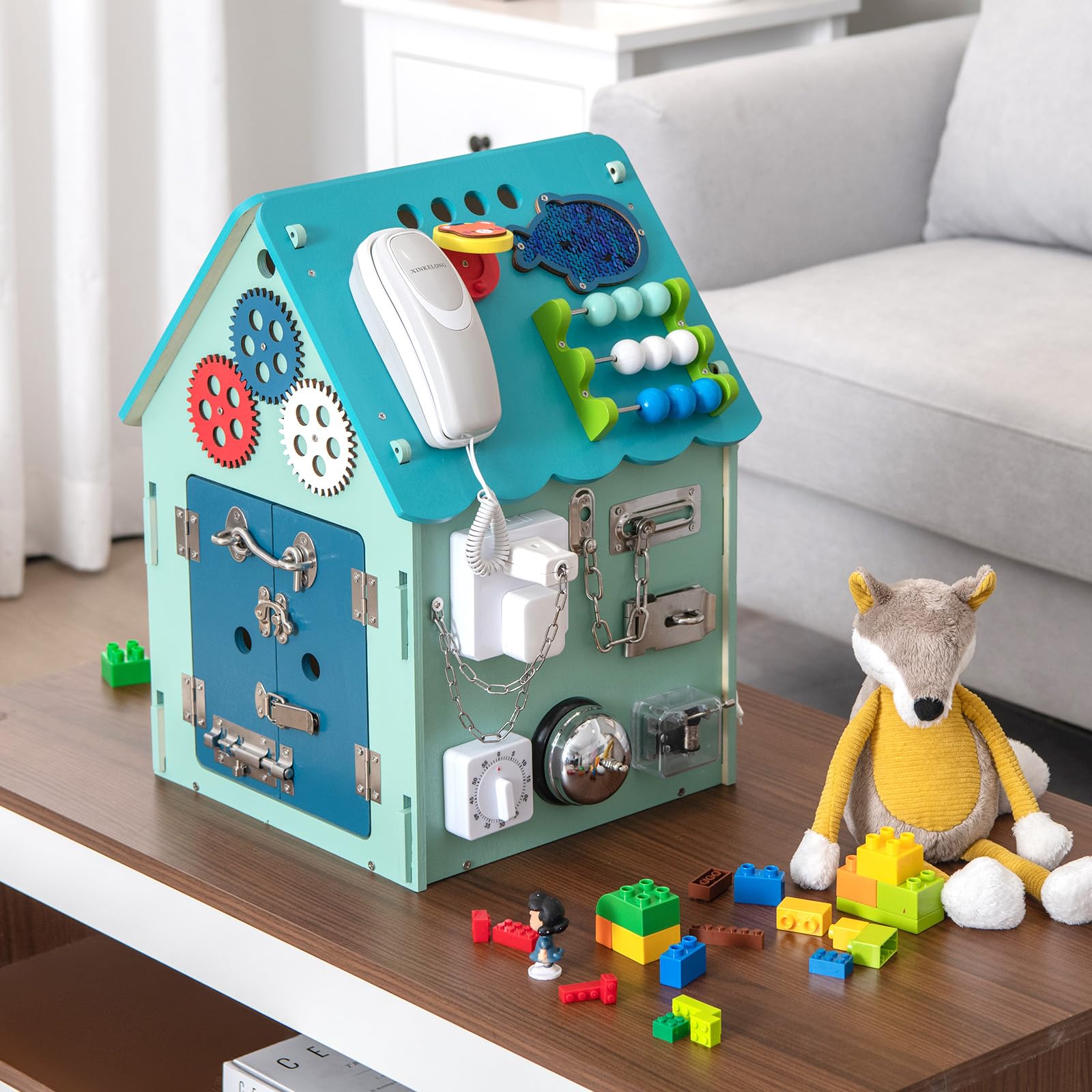 RELAX4LIFE Giochi Montessori Busy House in Legno, Casetta di attività Occupato Montessori per Bambini, Giocattolo Sensoriale e Educativo per 1/2/3/4/5 Anni(Blu)