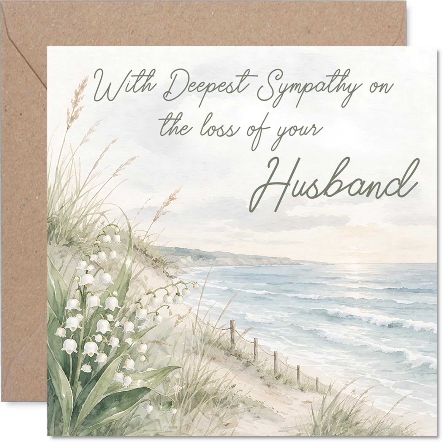 Comforting Sympathy Card - Loss of Husband - Gentle Support in Difficult Times - Serene Seaside Landscape with Pastel Florals - 145mm Square, Envelope Included