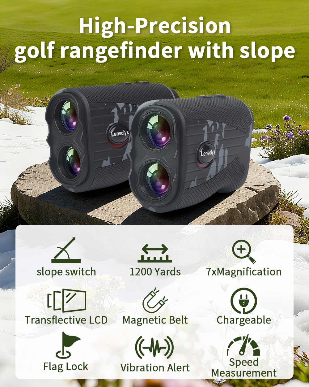 Lensaylx Télémètre laser de golf avec pente, grossissement x7, verrouillage du mât de drapeau, étanchéité IPX4, batterie rechargeable, bande magnétique pour golf et chasse 1 200 m