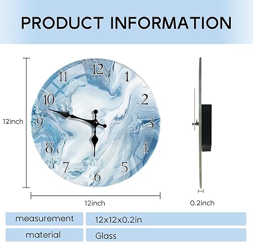 Miniatura 2 de Britimes Reloj de pared redondo, silencioso, sin tictac, funciona con pilas, reloj de cristal impermeable para exteriores, 12 pulgadas, mármol azul,