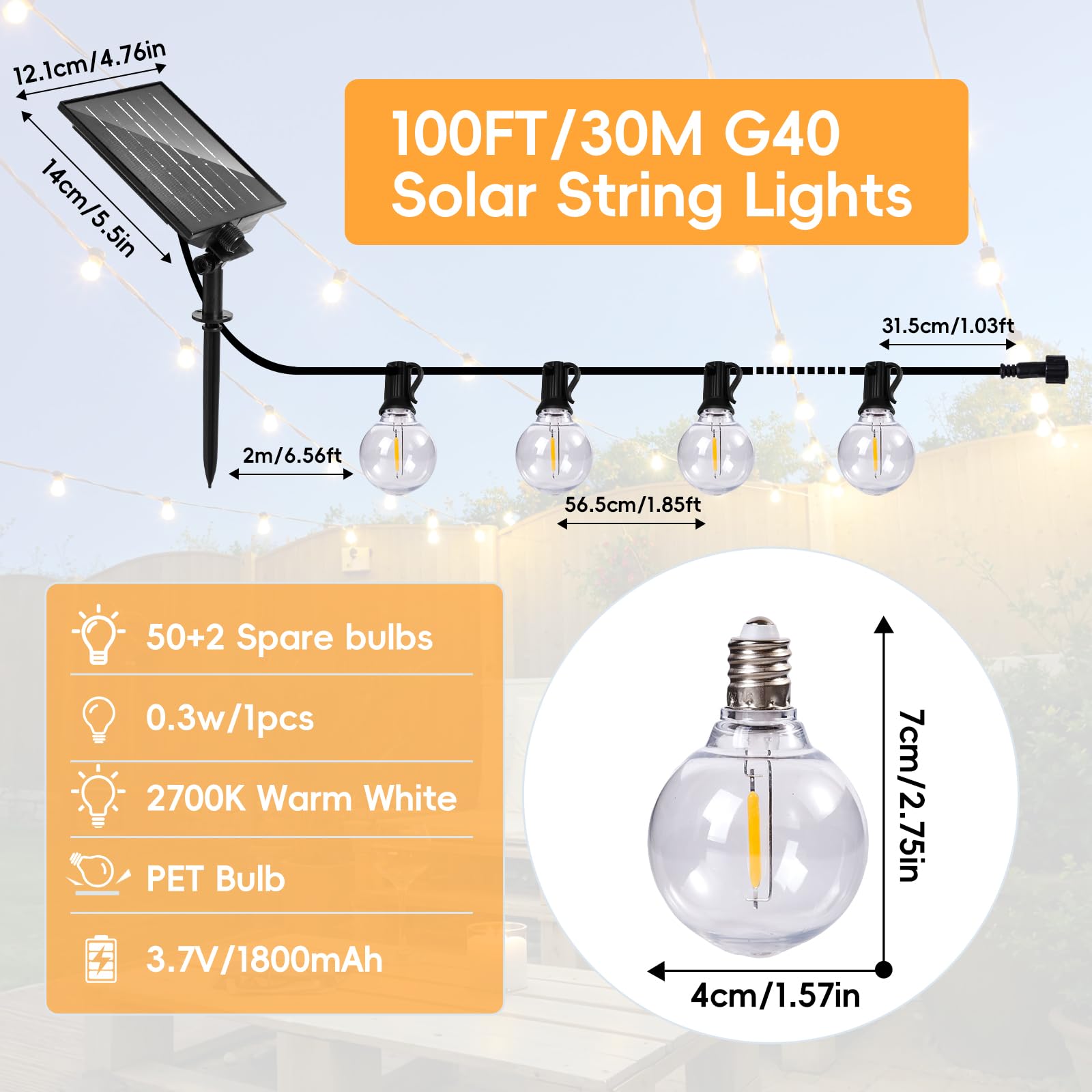 Stringa di luci solari da giardino all'aperto, 30 m, luci solari per esterni, con 50+2 lampadine LED infrangibili G40, luci impermeabili, 8 modalità a distanza, per pergola, gazebo, patio