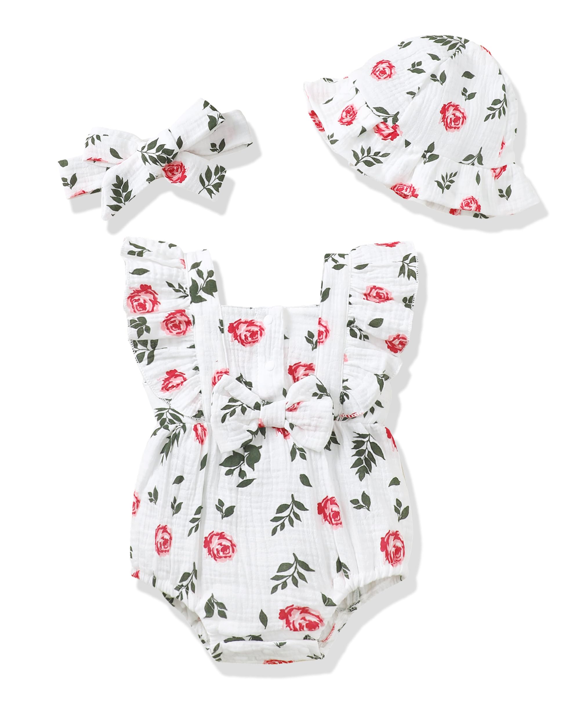 Renotemy Baby Girl Clothes Infant Summer Romper Cotton Linen Newborn Essentials Photography Preemie Outfits with Hat Headband